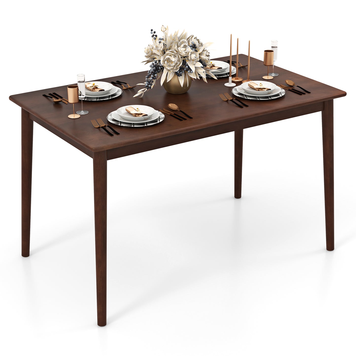 Rectangular Wood Dining Table for 4 with Solid Rubber Wood Legs in Brown Finish