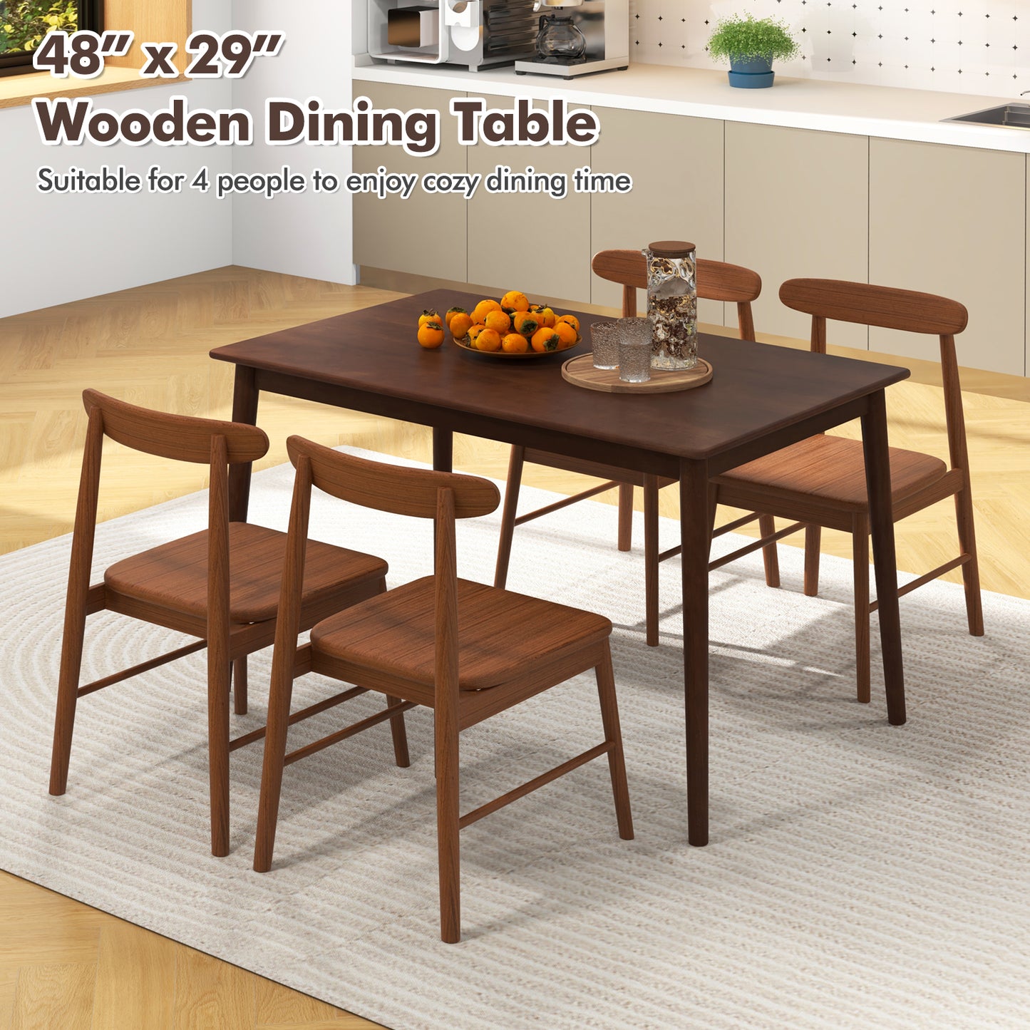 Rectangular Wood Dining Table for 4 with Solid Rubber Wood Legs in Brown Finish