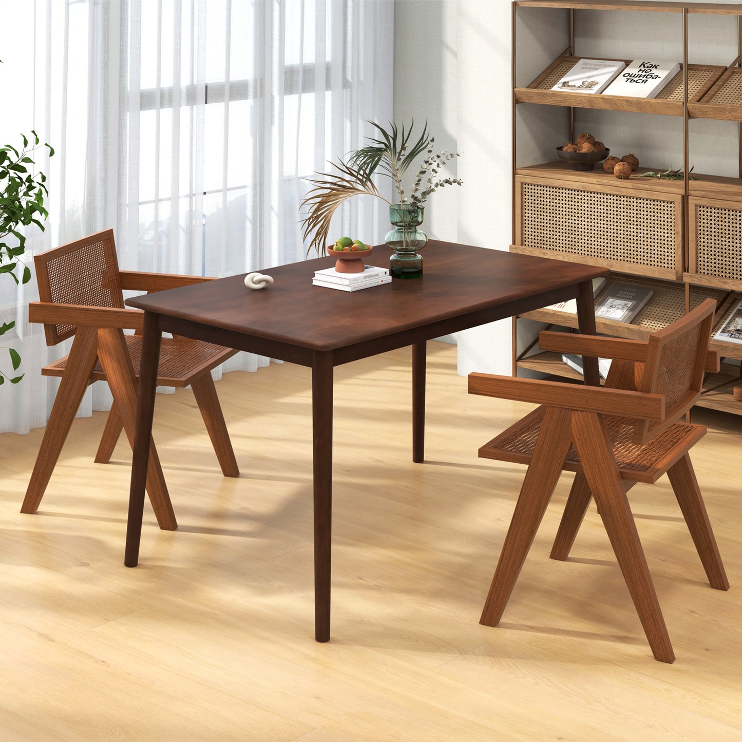 Rectangular Wood Dining Table for 4 with Solid Rubber Wood Legs in Brown Finish