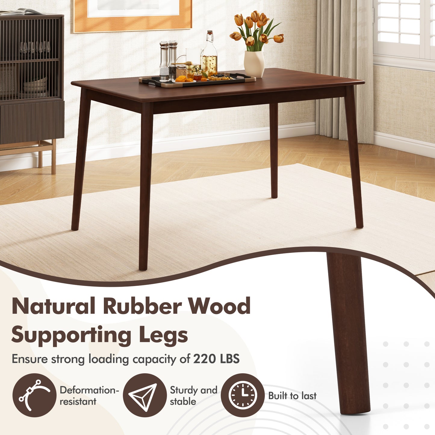 Rectangular Wood Dining Table for 4 with Solid Rubber Wood Legs in Brown Finish