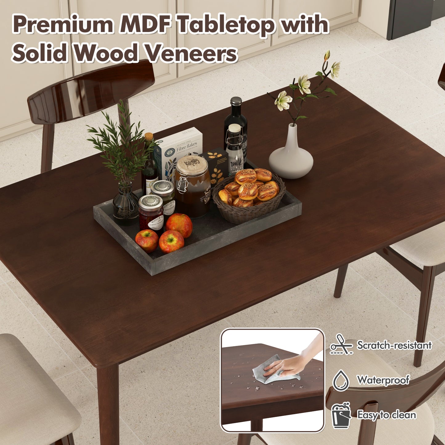 Rectangular Wood Dining Table for 4 with Solid Rubber Wood Legs in Brown Finish