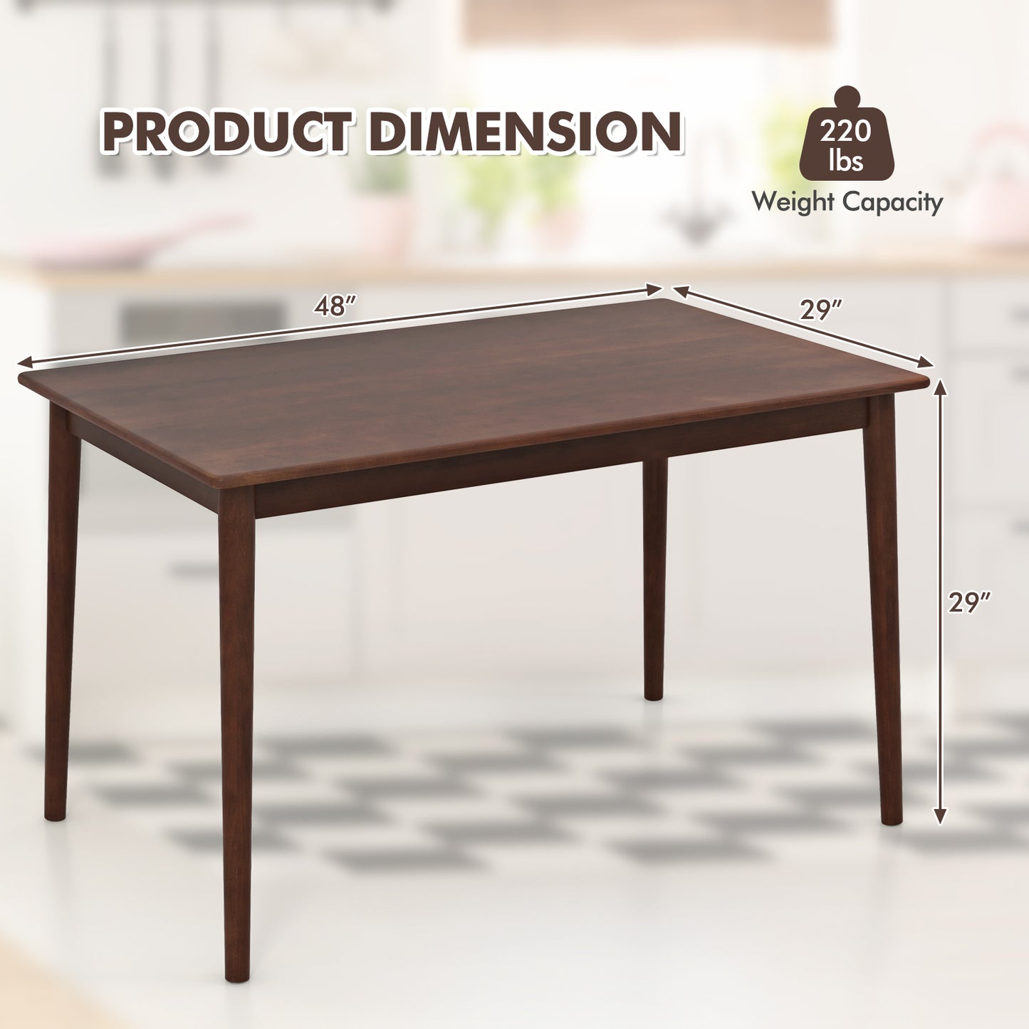 Rectangular Wood Dining Table for 4 with Solid Rubber Wood Legs in Brown Finish