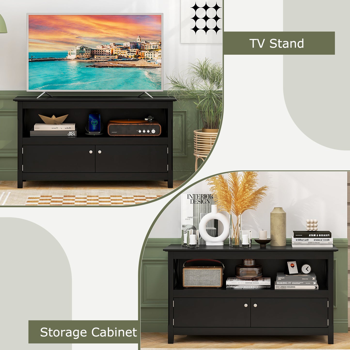 Media Storage TV Cabinet with Charging Station and Open Shelves for 50 Inch TVs - Black