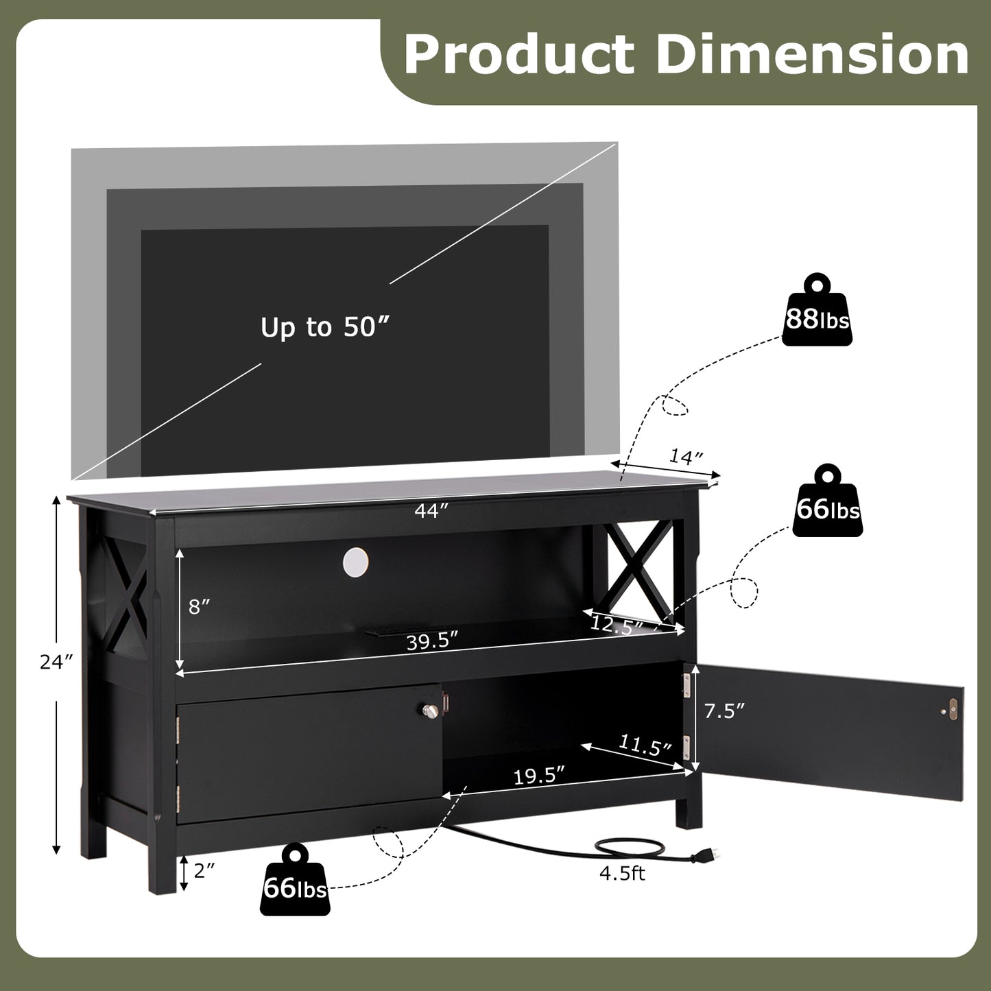 Media Storage TV Cabinet with Charging Station and Open Shelves for 50 Inch TVs - Black