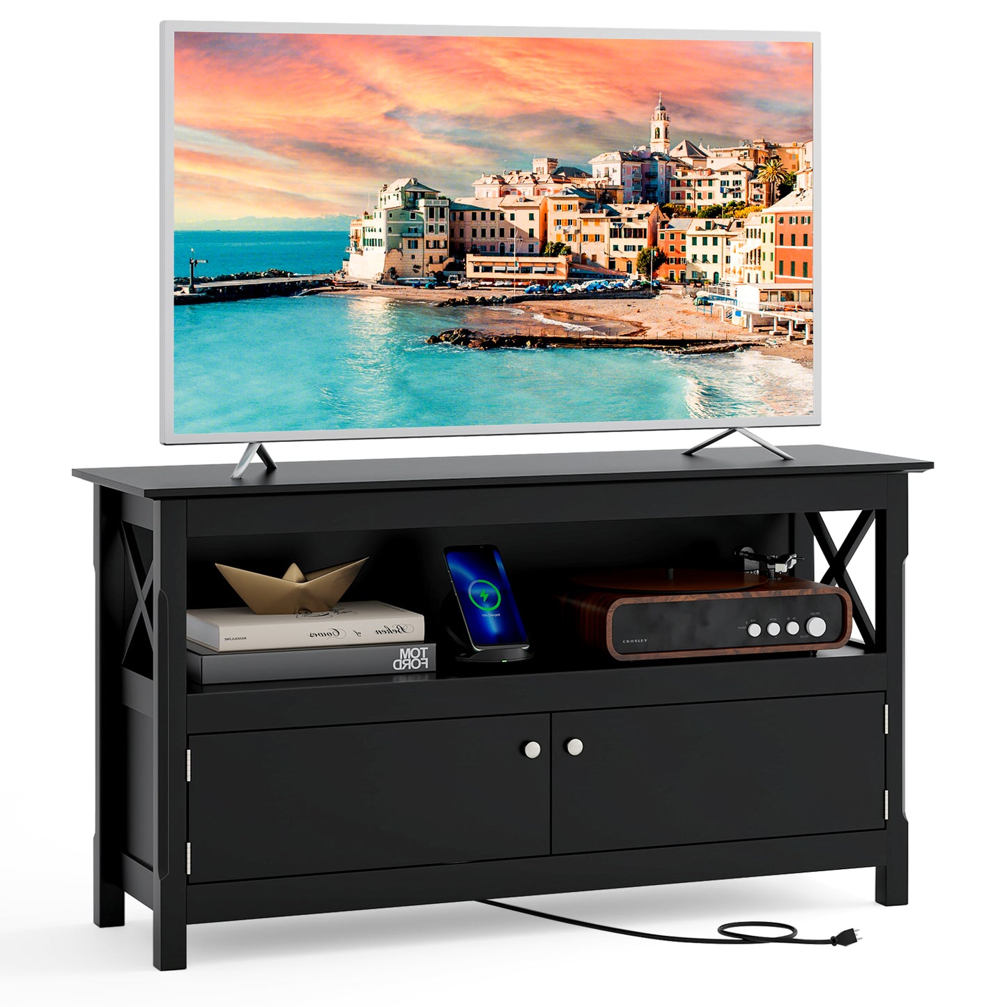 Media Storage TV Cabinet with Charging Station and Open Shelves for 50 Inch TVs - Black