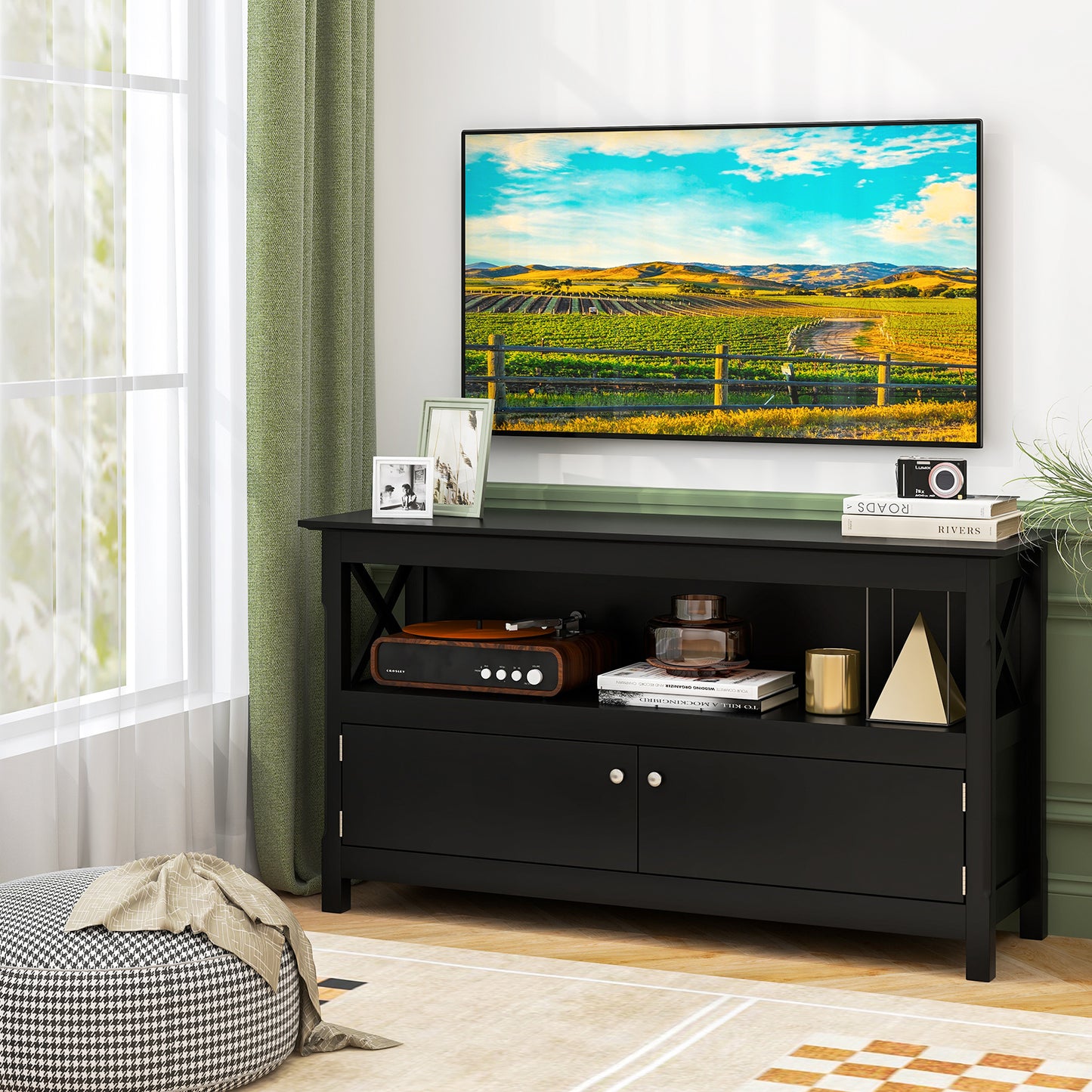 Media Storage TV Cabinet with Charging Station and Open Shelves for 50 Inch TVs - Black