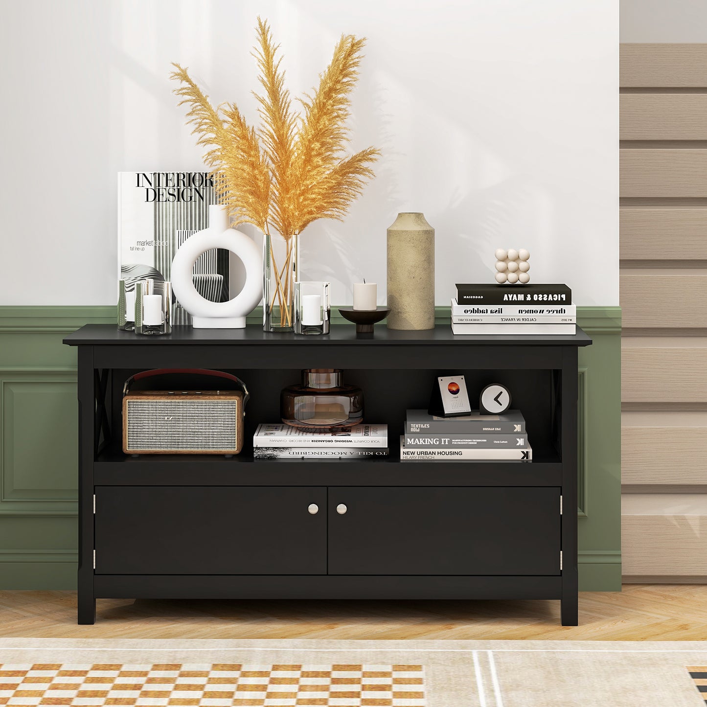 Media Storage TV Cabinet with Charging Station and Open Shelves for 50 Inch TVs - Black