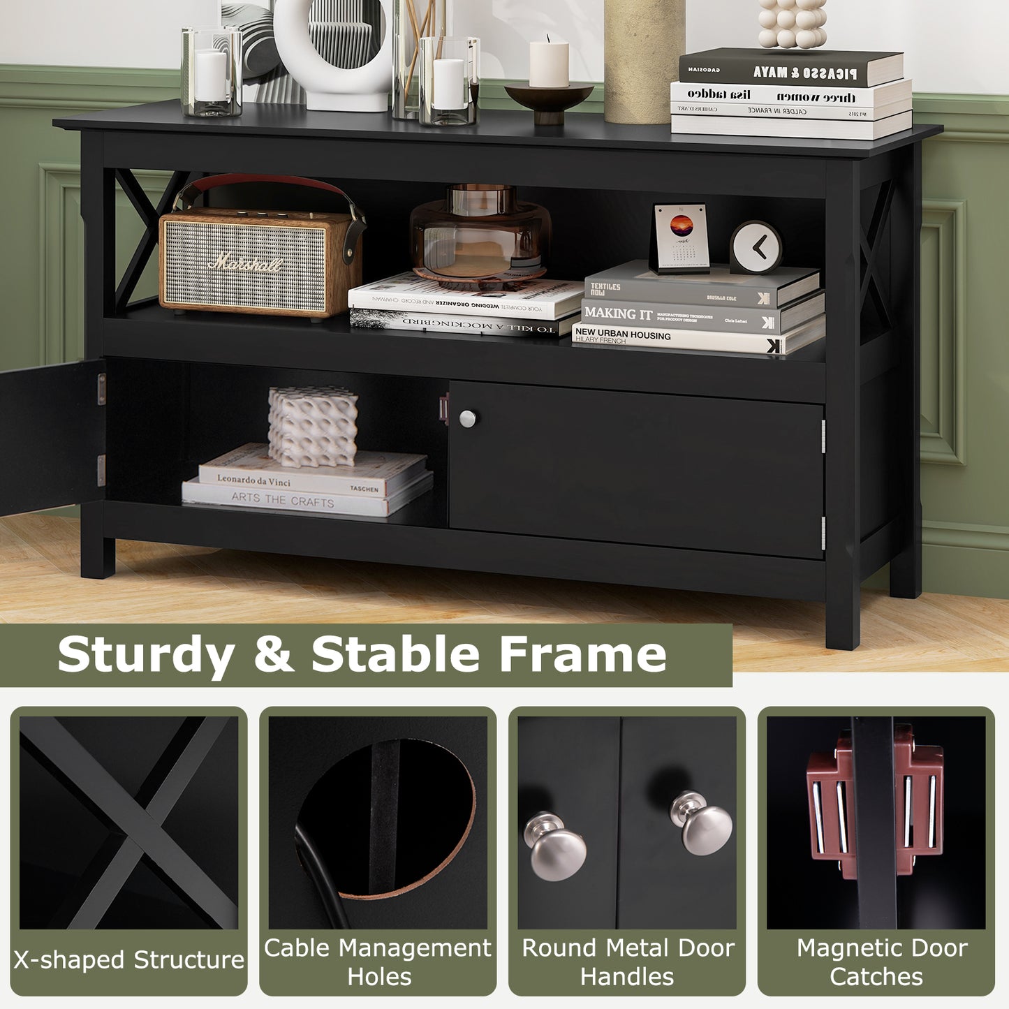 Media Storage TV Cabinet with Charging Station and Open Shelves for 50 Inch TVs - Black