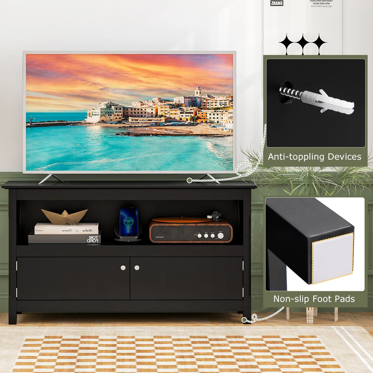 Media Storage TV Cabinet with Charging Station and Open Shelves for 50 Inch TVs - Black