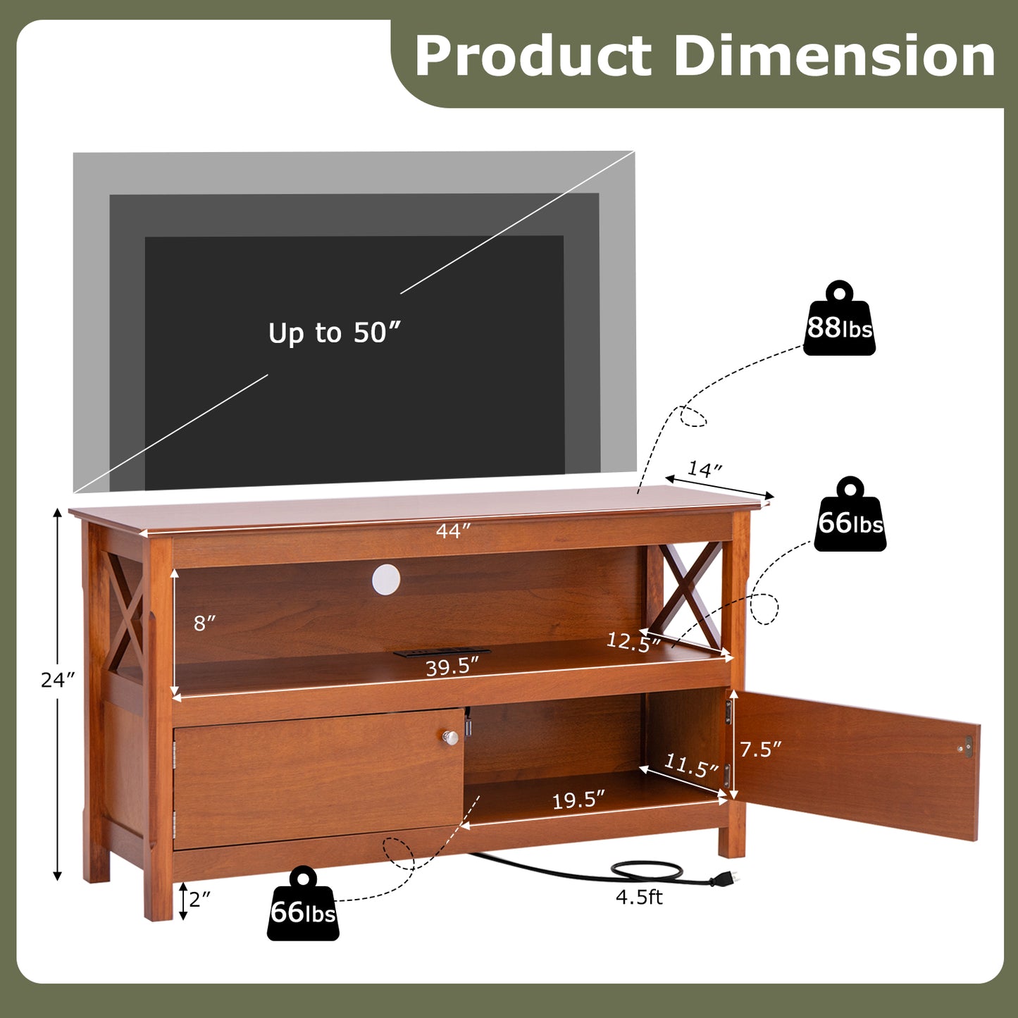 Media Storage TV Cabinet with Charging Station and Open Shelves for 50 Inch TVs - Brown