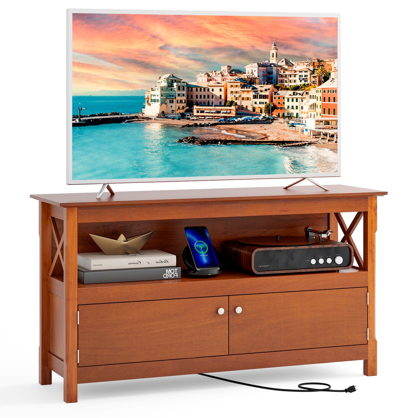 Media Storage TV Cabinet with Charging Station and Open Shelves for 50 Inch TVs - Brown