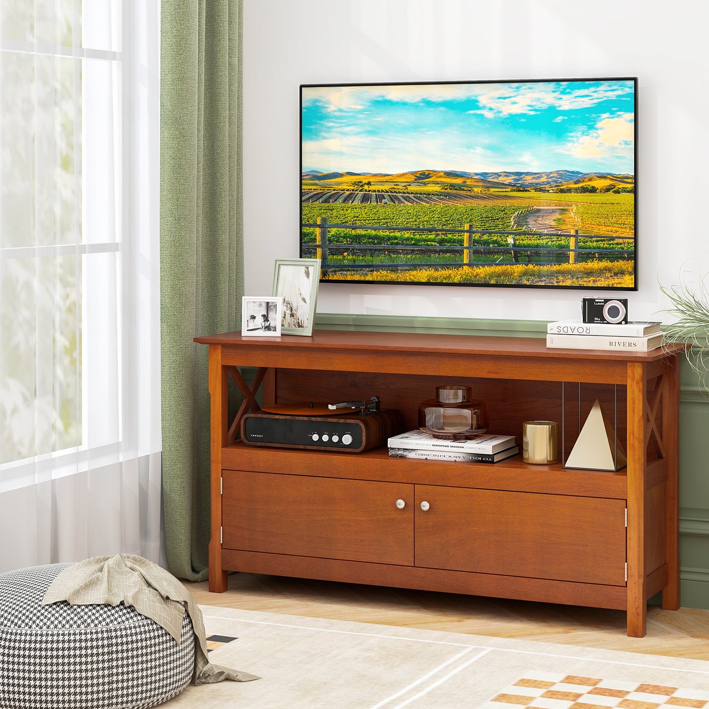 Media Storage TV Cabinet with Charging Station and Open Shelves for 50 Inch TVs - Brown