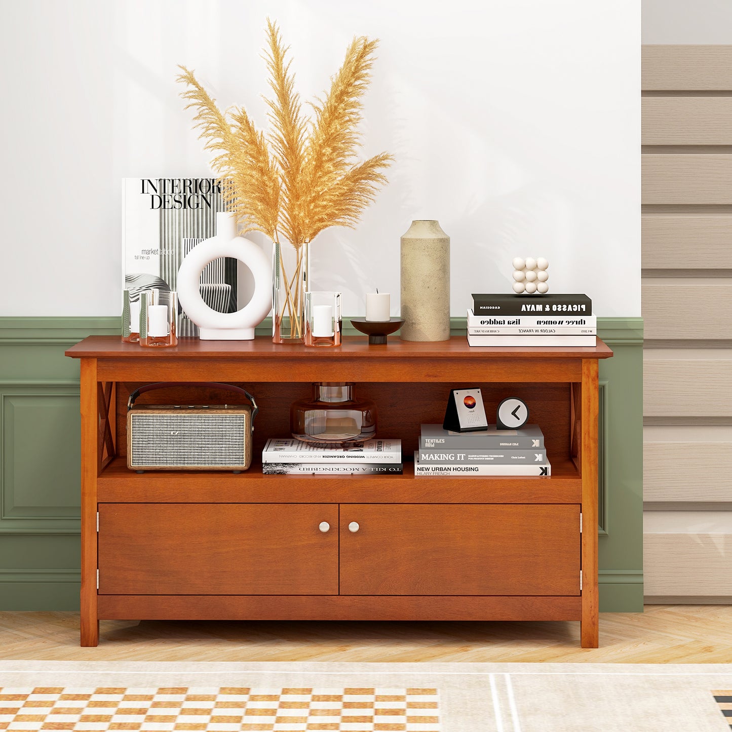 Media Storage TV Cabinet with Charging Station and Open Shelves for 50 Inch TVs - Brown