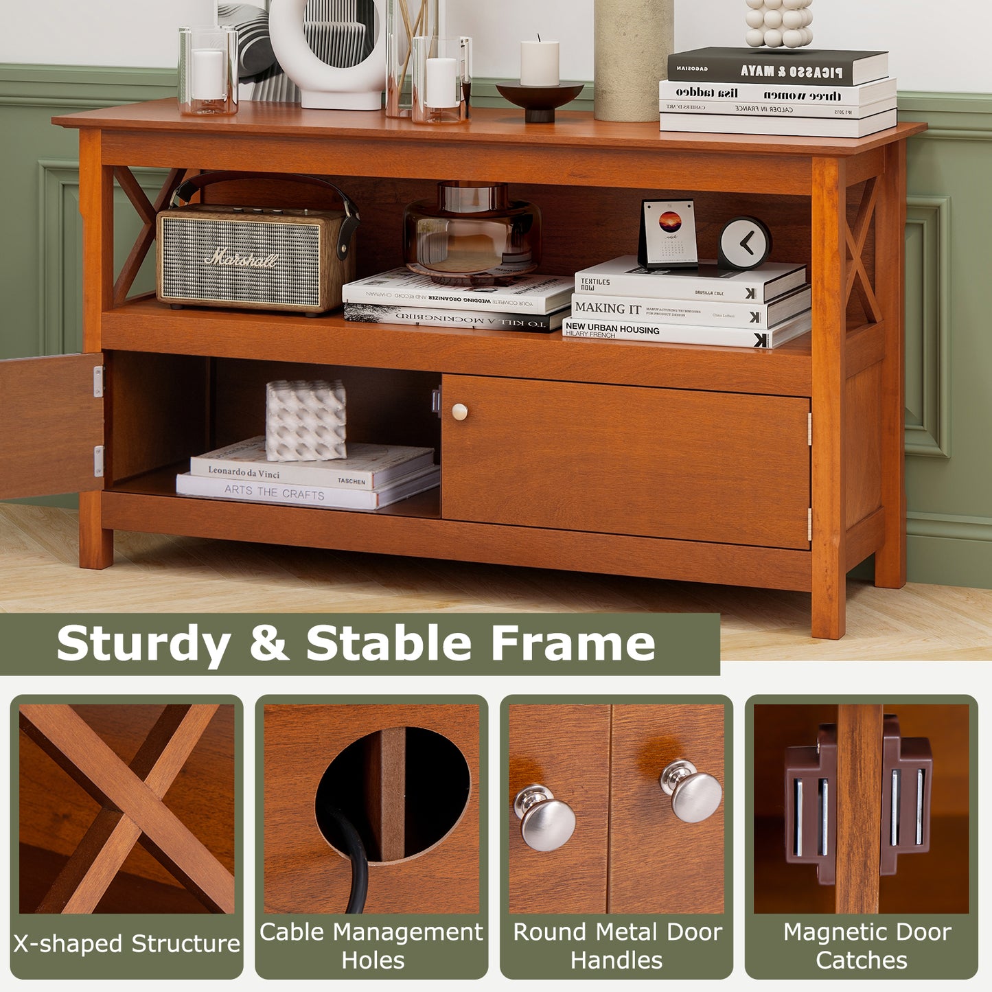 Media Storage TV Cabinet with Charging Station and Open Shelves for 50 Inch TVs - Brown