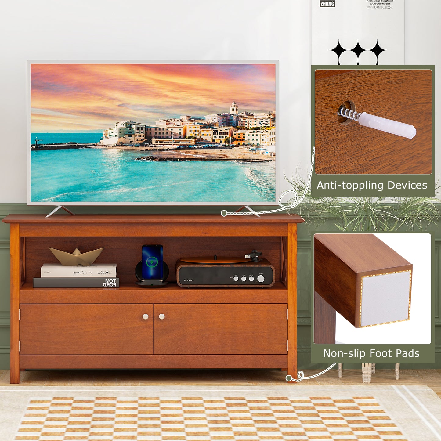 Media Storage TV Cabinet with Charging Station and Open Shelves for 50 Inch TVs - Brown