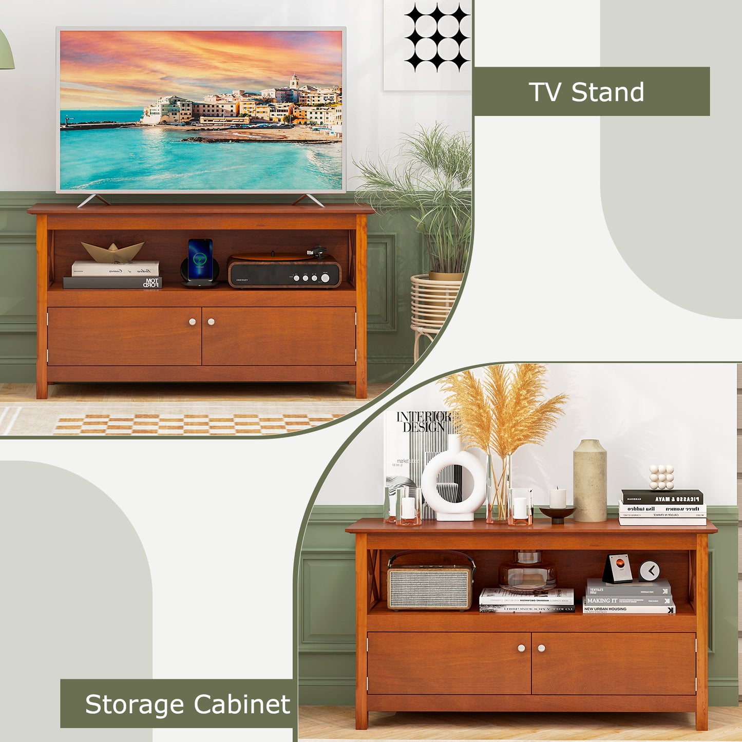Media Storage TV Cabinet with Charging Station and Open Shelves for 50 Inch TVs - Brown