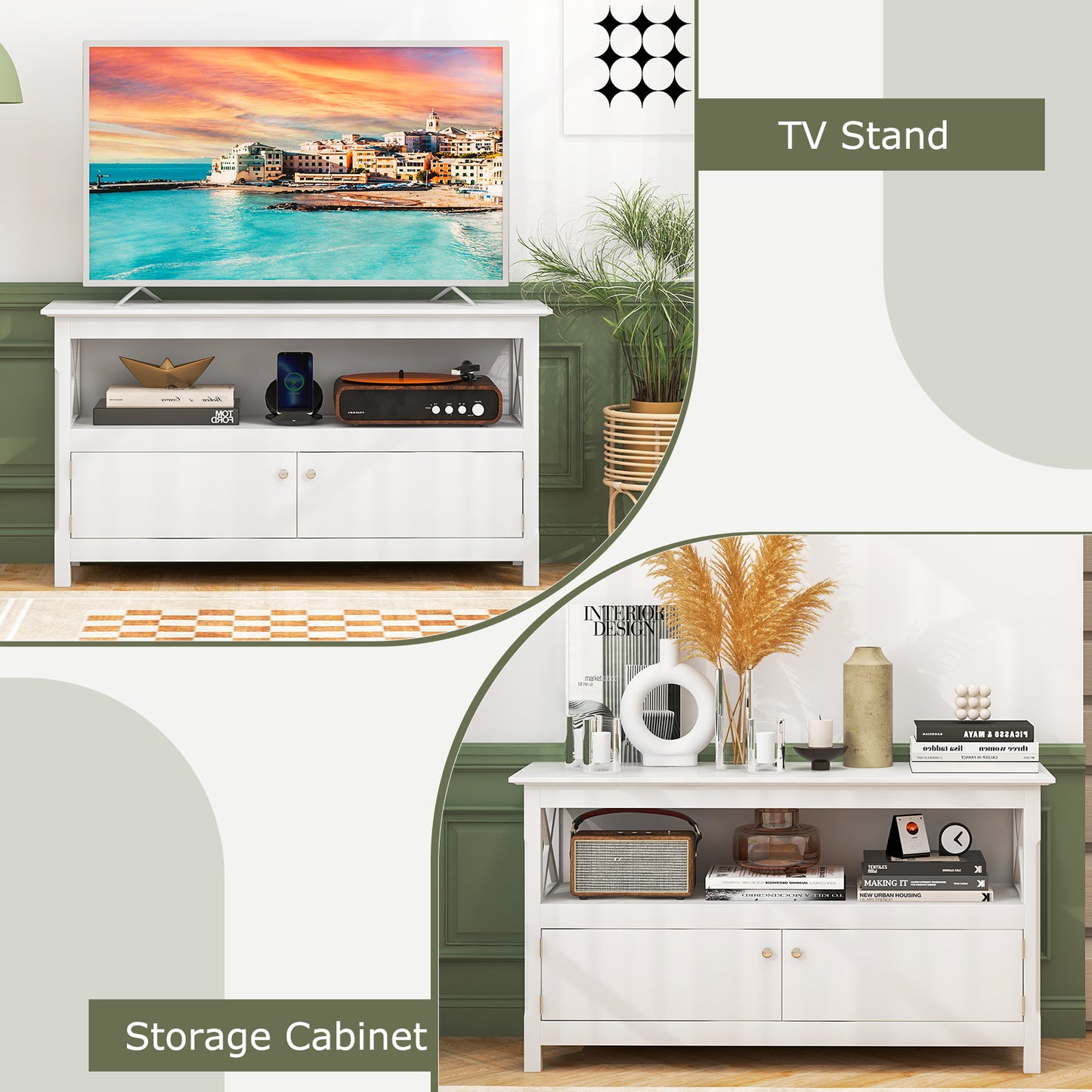 Media Storage TV Cabinet with Charging Station and Open Shelves for 50 Inch TVs - White