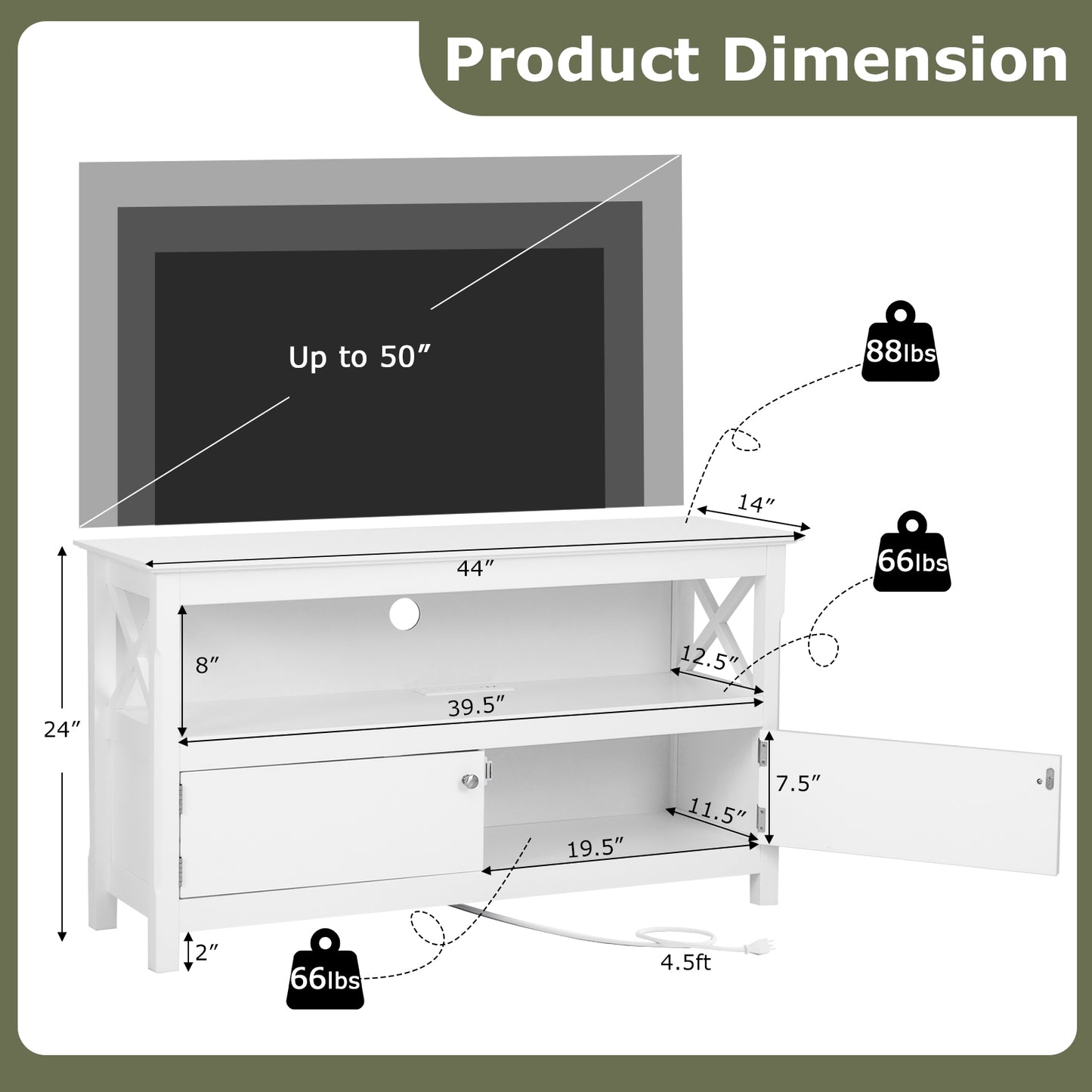 Media Storage TV Cabinet with Charging Station and Open Shelves for 50 Inch TVs - White