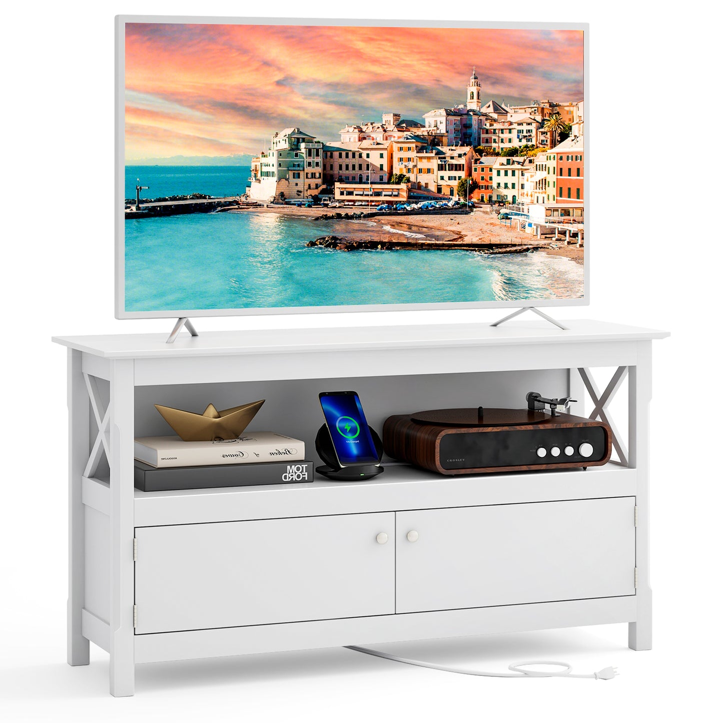 Media Storage TV Cabinet with Charging Station and Open Shelves for 50 Inch TVs - White