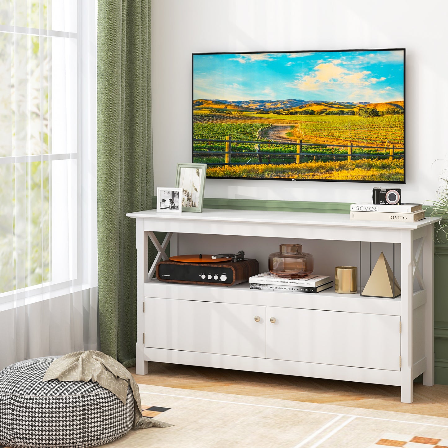 Media Storage TV Cabinet with Charging Station and Open Shelves for 50 Inch TVs - White