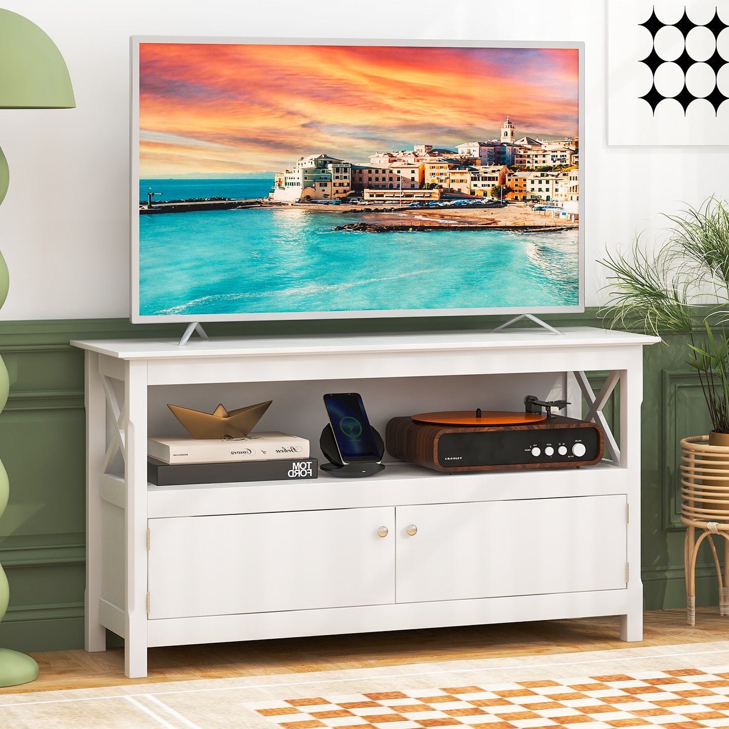 Media Storage TV Cabinet with Charging Station and Open Shelves for 50 Inch TVs - White