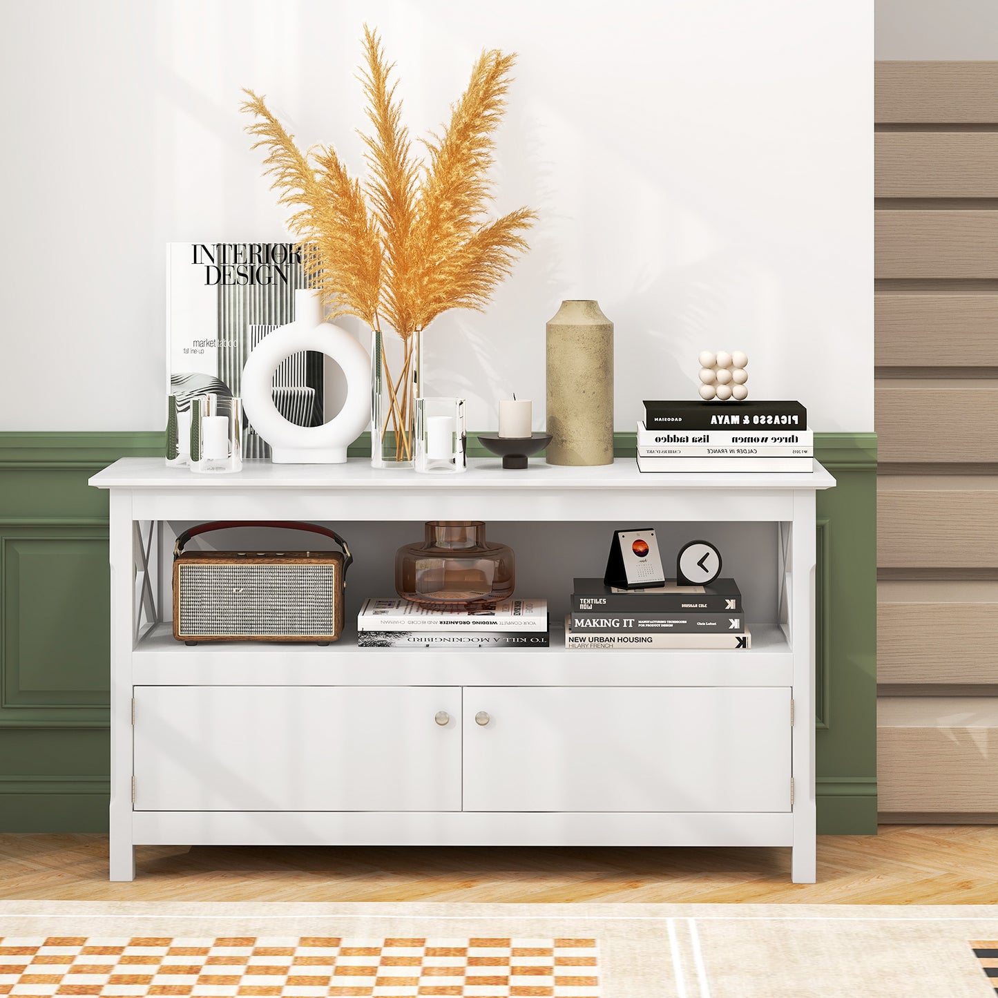 Media Storage TV Cabinet with Charging Station and Open Shelves for 50 Inch TVs - White