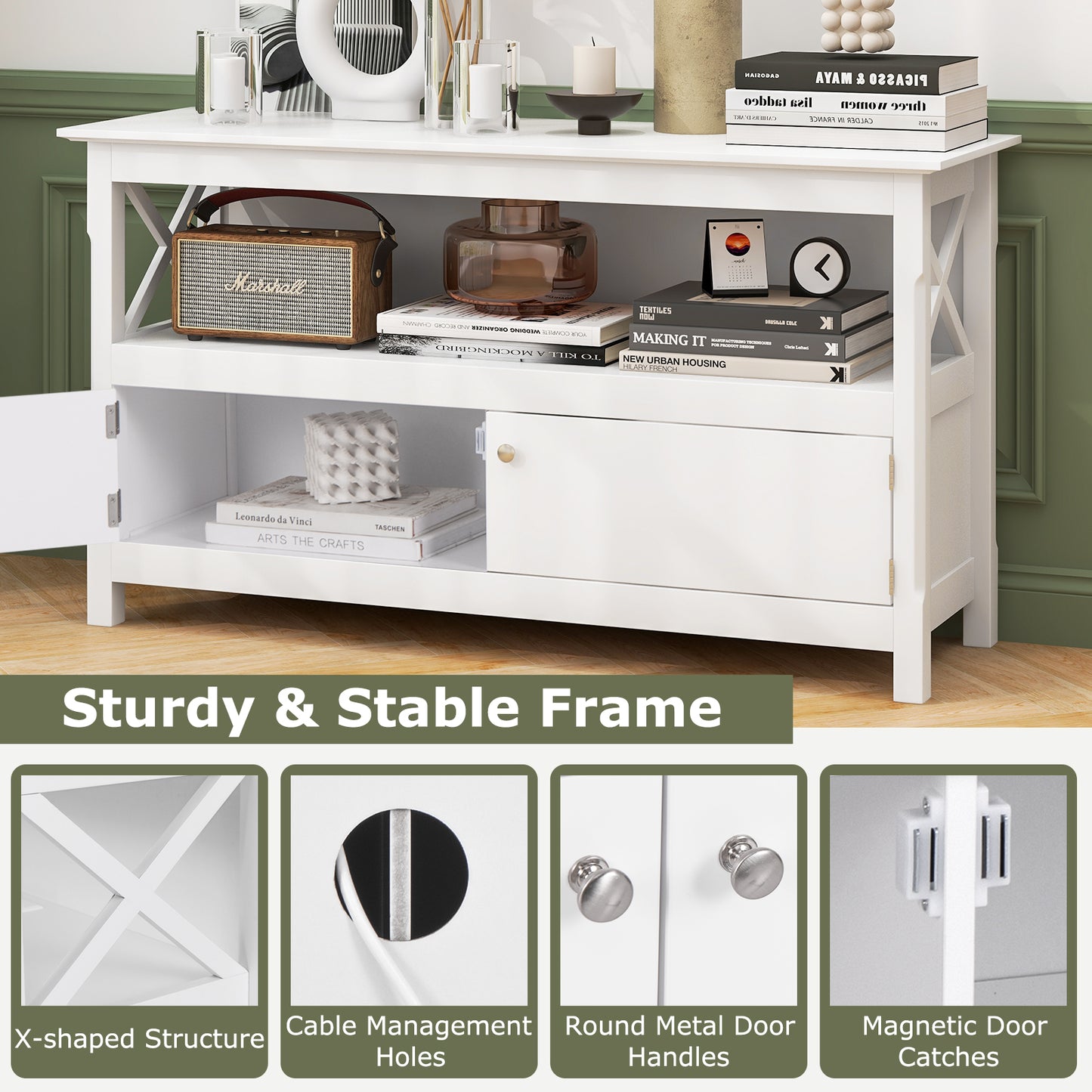 Media Storage TV Cabinet with Charging Station and Open Shelves for 50 Inch TVs - White