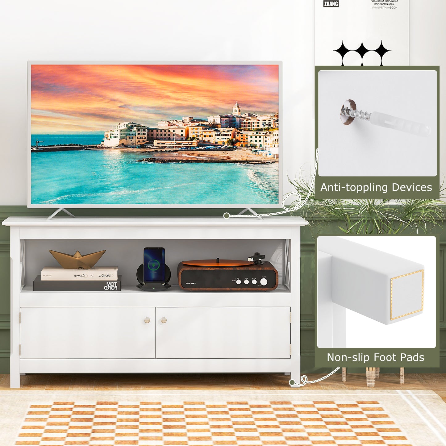 Media Storage TV Cabinet with Charging Station and Open Shelves for 50 Inch TVs - White