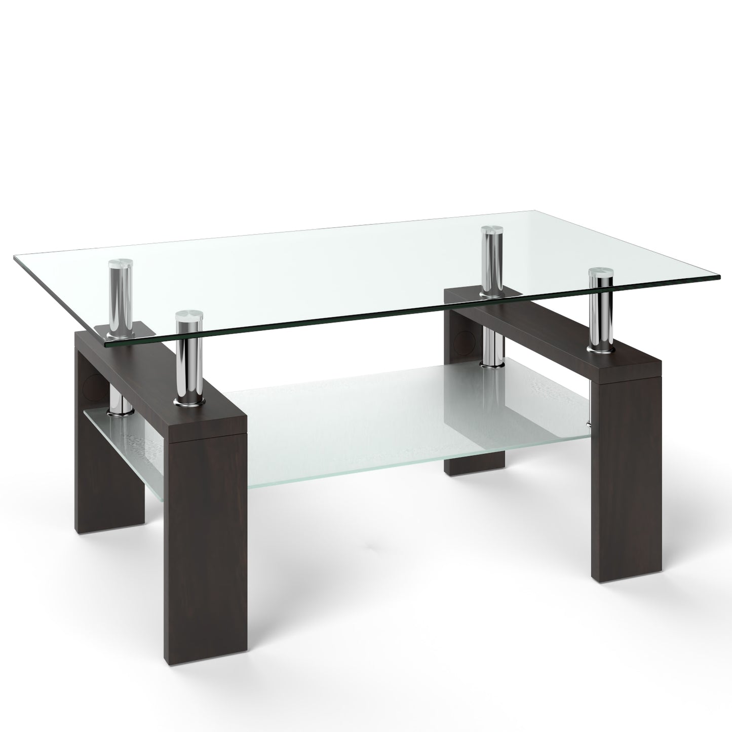 Tempered Glass Coffee Table with Two Tier Design and Wood Accents - Brown