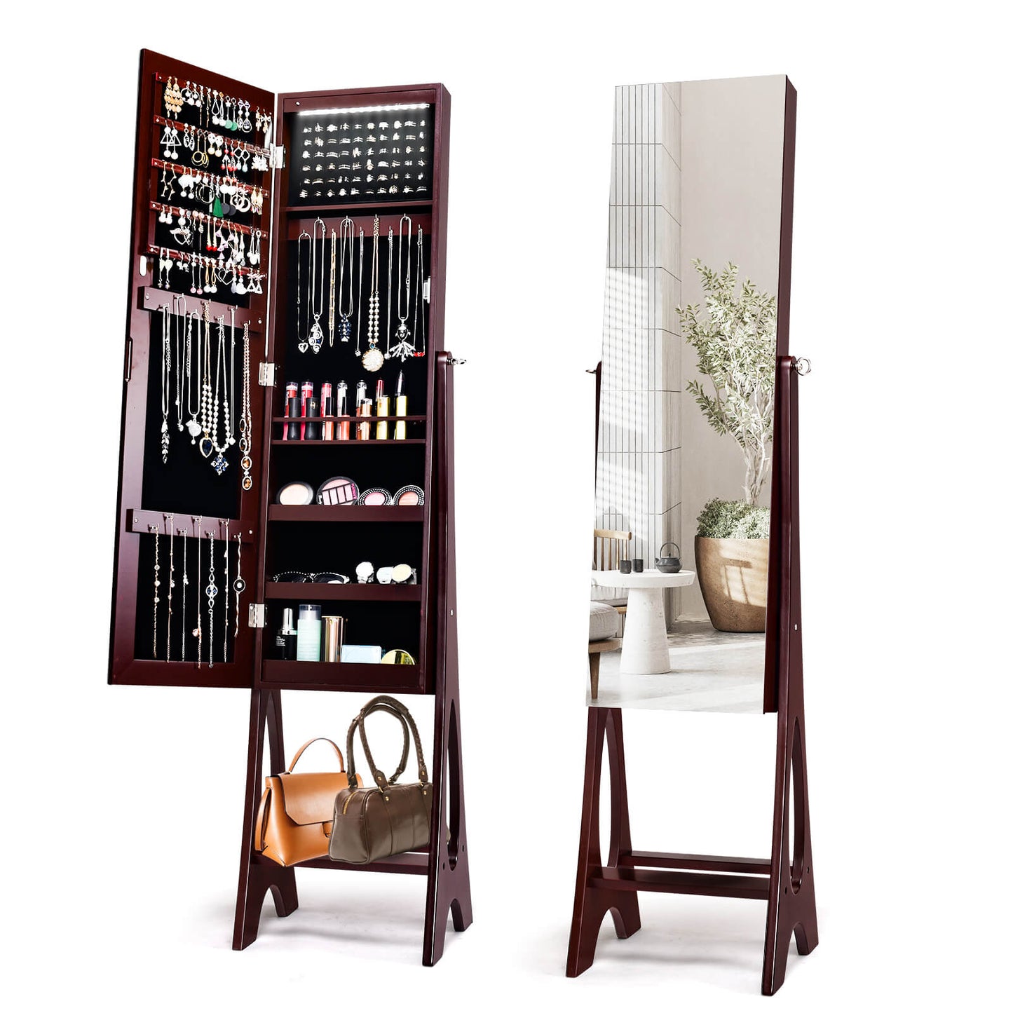 Standing Mirror Jewelry Armoire with Organizer Shelves and Brown Finish