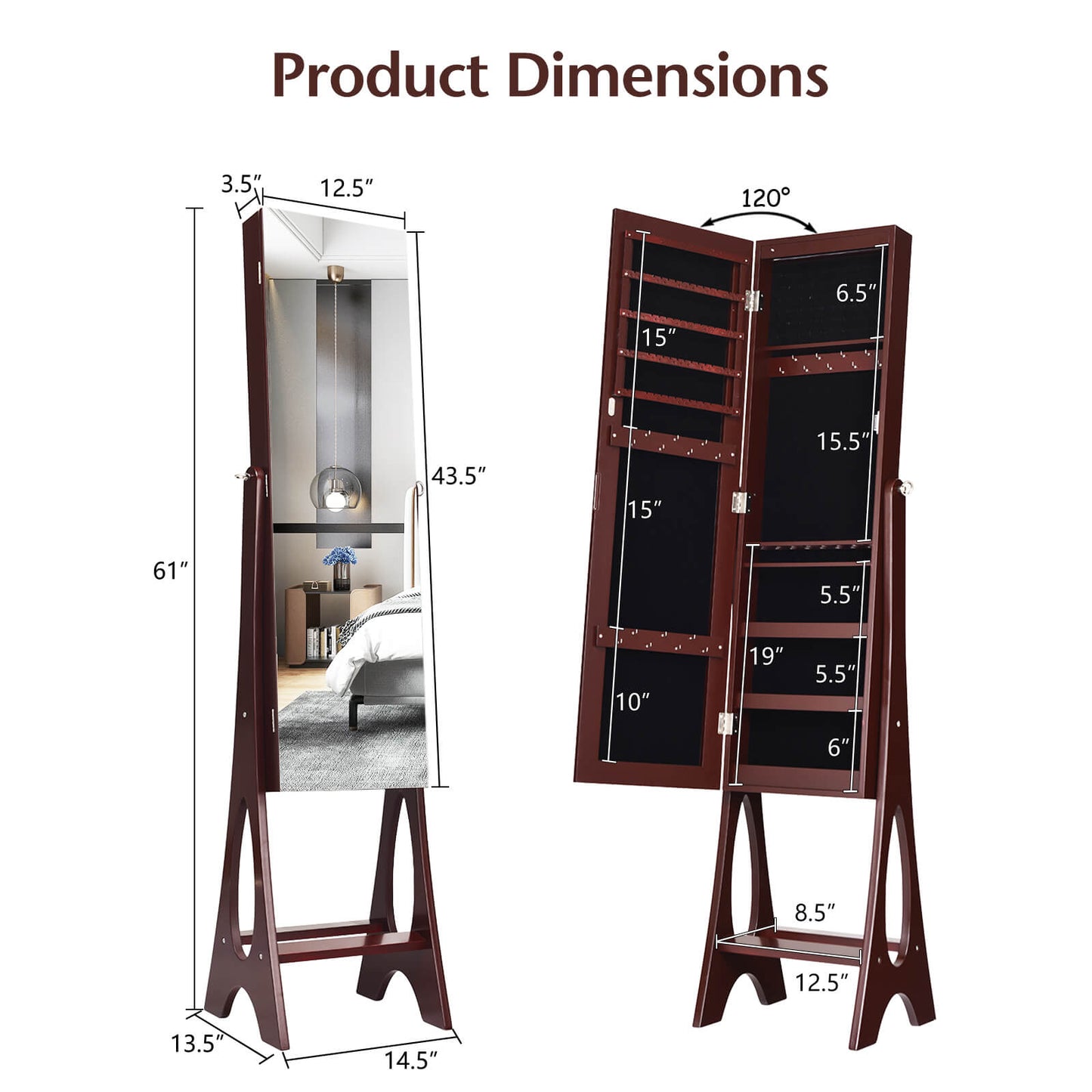 Standing Mirror Jewelry Armoire with Organizer Shelves and Brown Finish