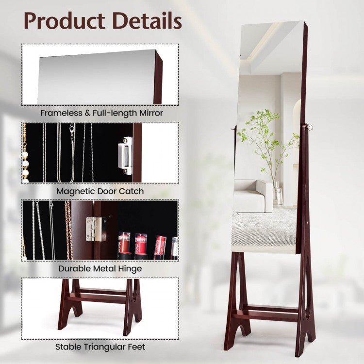 Standing Mirror Jewelry Armoire with Organizer Shelves and Brown Finish