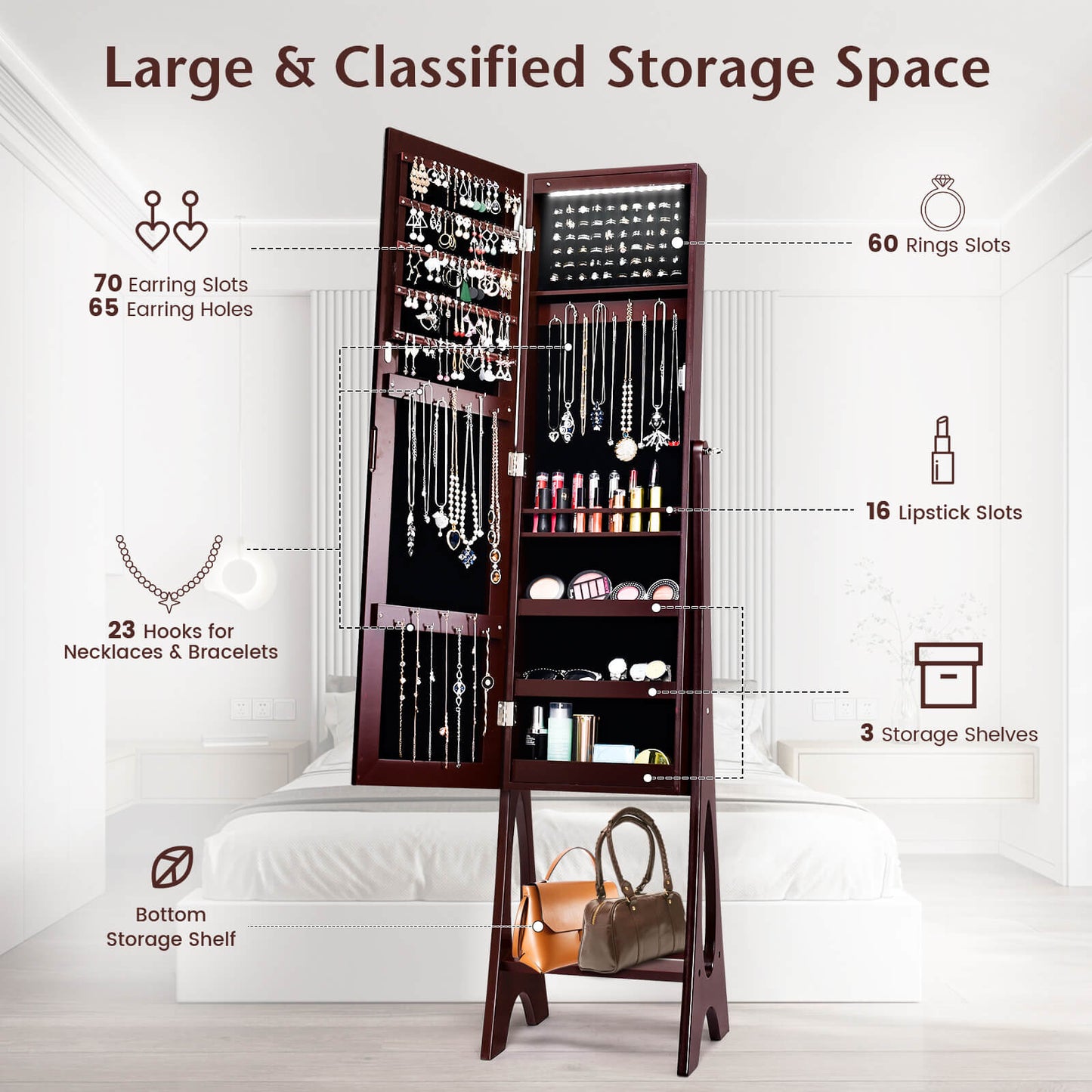 Standing Mirror Jewelry Armoire with Organizer Shelves and Brown Finish