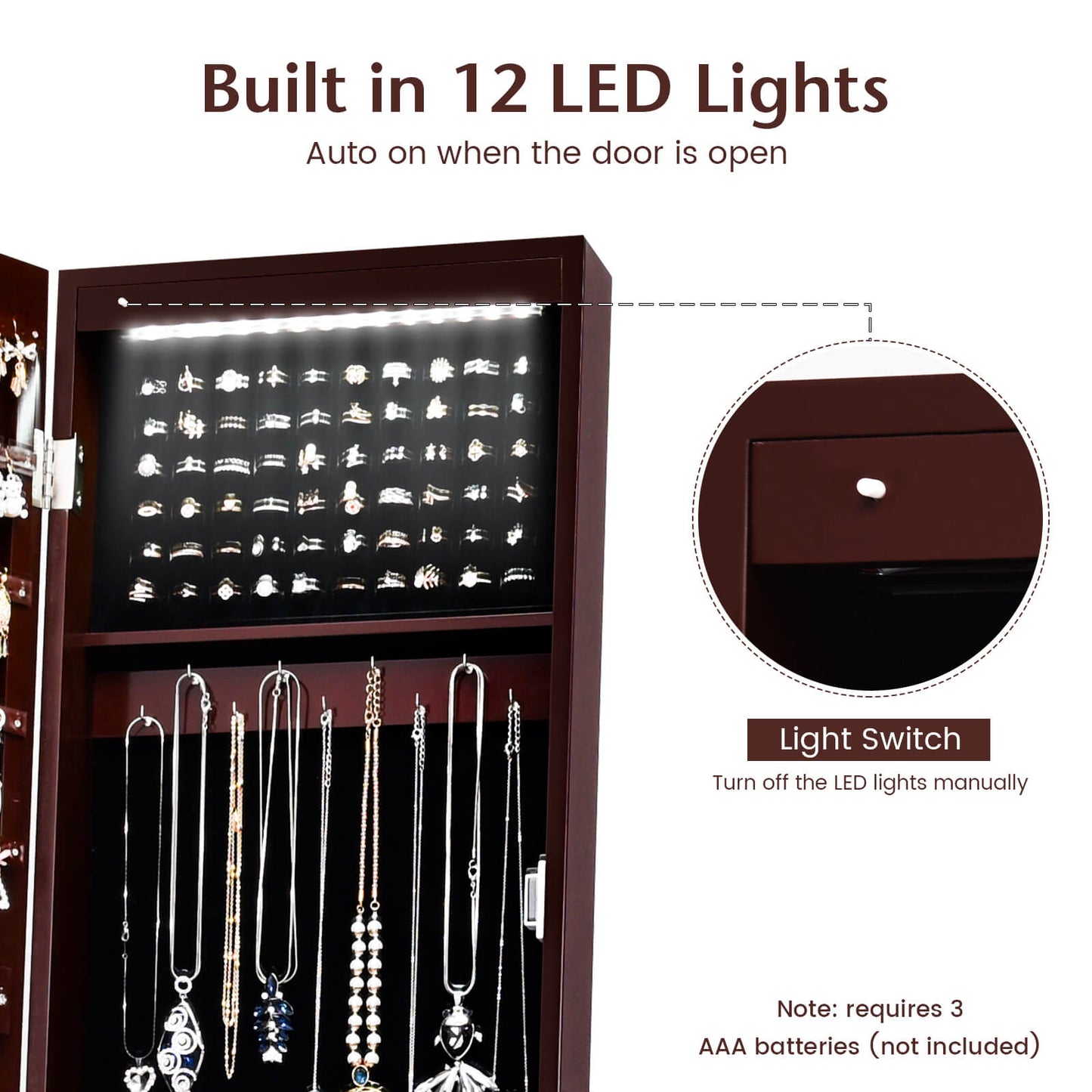 Standing Mirror Jewelry Armoire with Organizer Shelves and Brown Finish