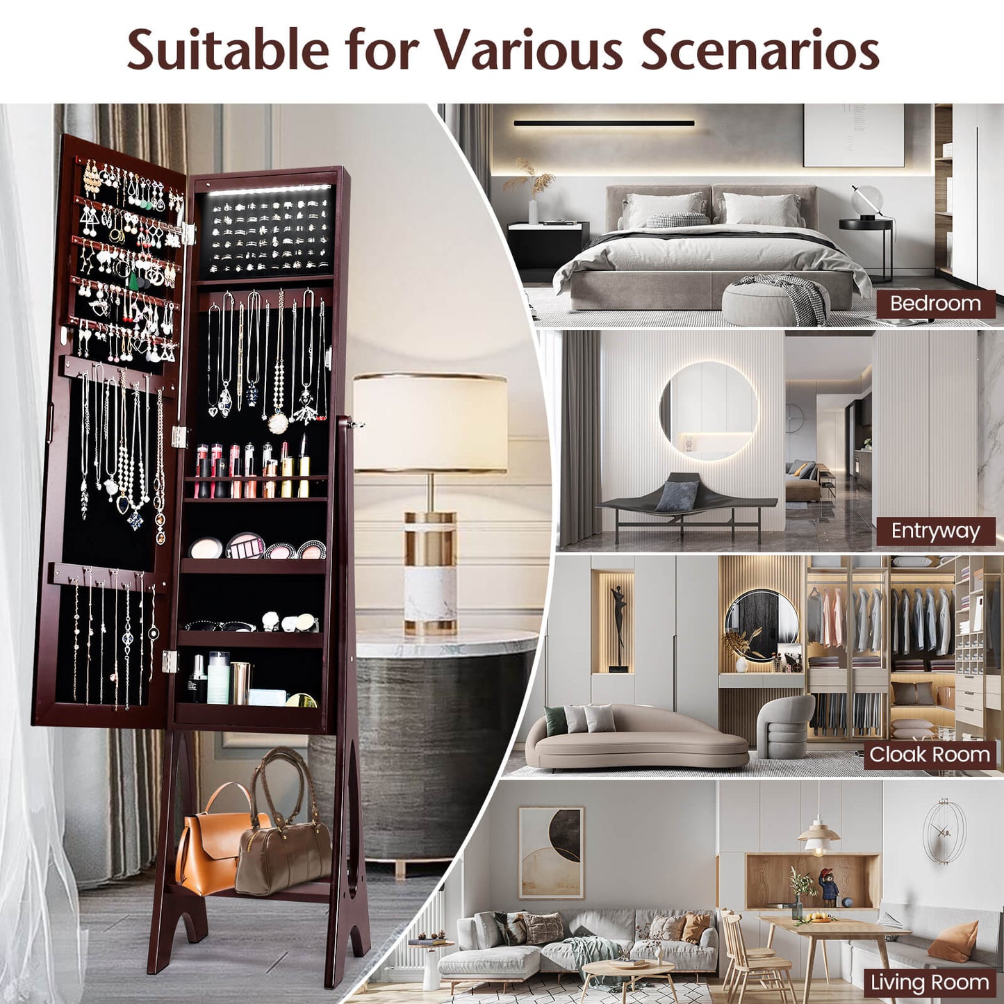 Standing Mirror Jewelry Armoire with Organizer Shelves and Brown Finish