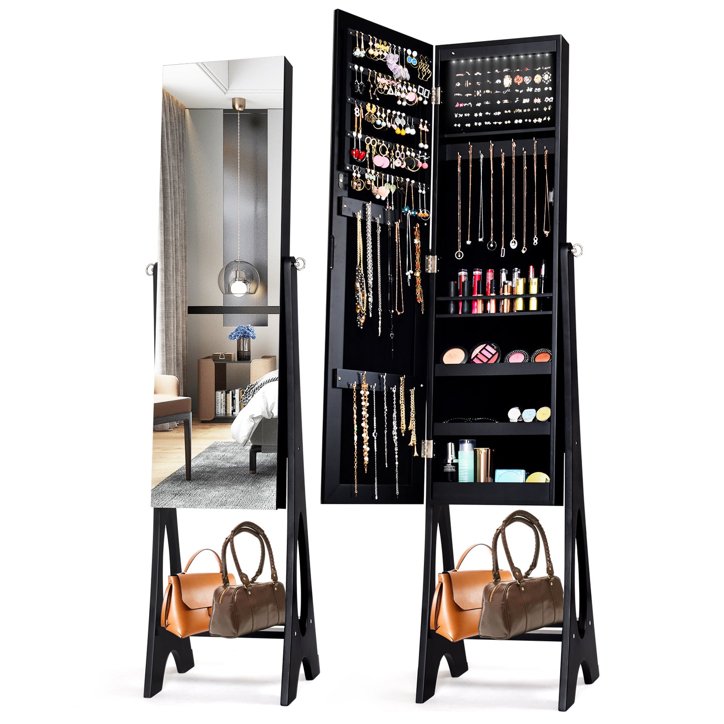Standing Mirror Jewelry Armoire with Organizer Shelves and Black Finish