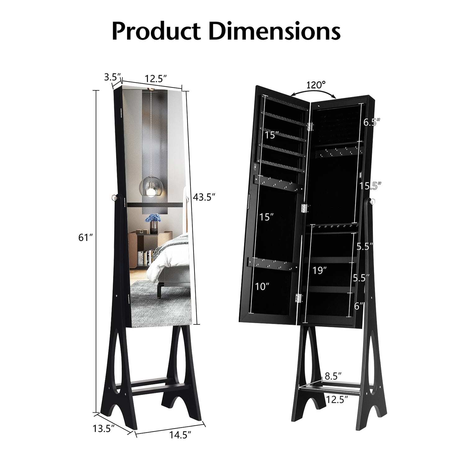 Standing Mirror Jewelry Armoire with Organizer Shelves and Black Finish