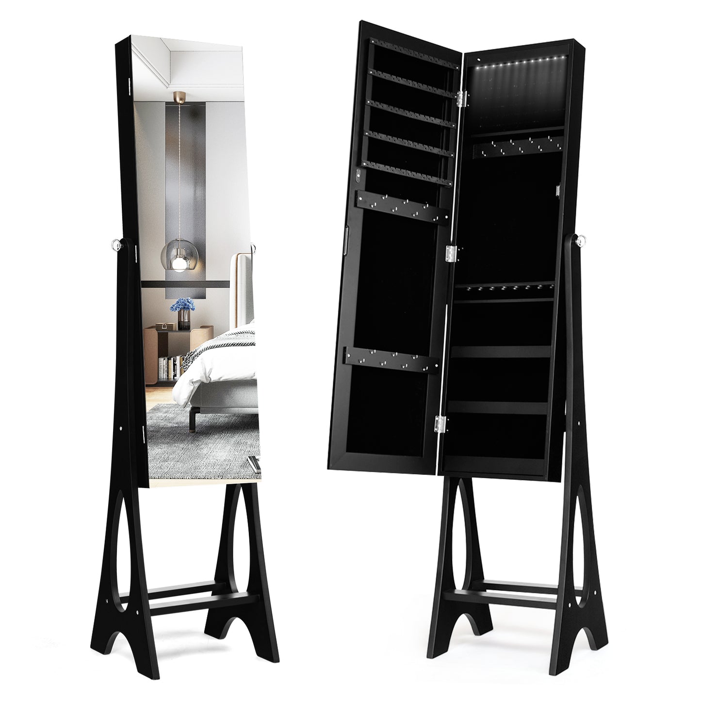 Standing Mirror Jewelry Armoire with Organizer Shelves and Black Finish