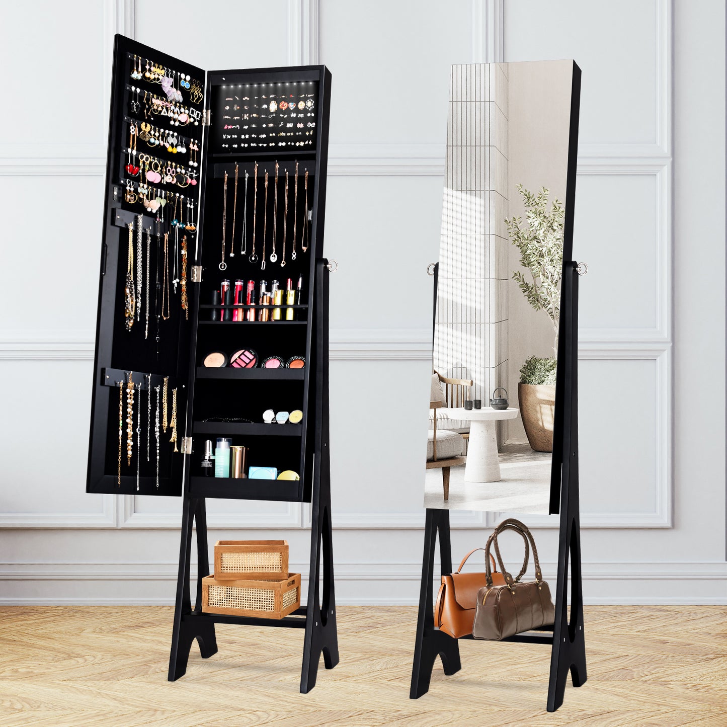 Standing Mirror Jewelry Armoire with Organizer Shelves and Black Finish