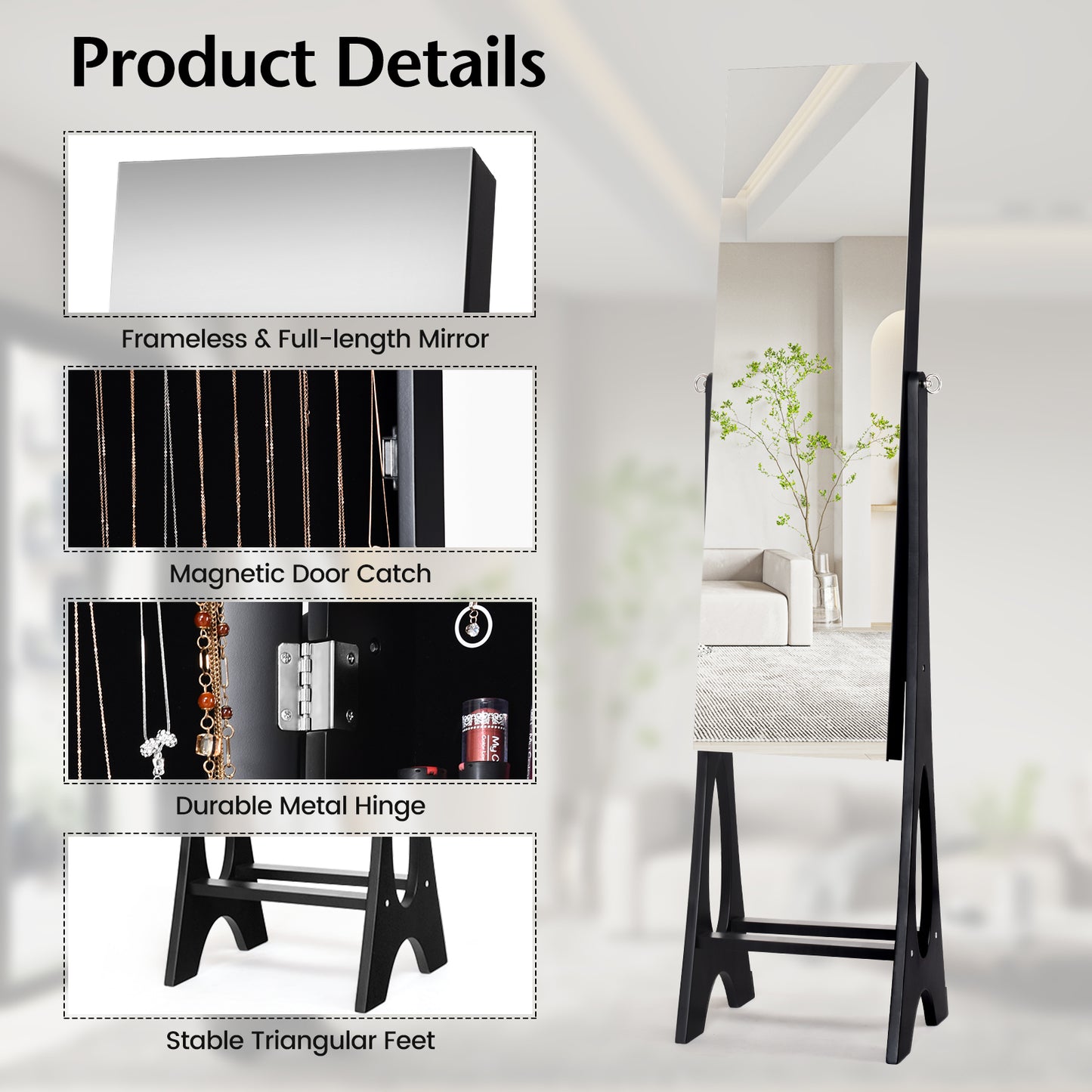 Standing Mirror Jewelry Armoire with Organizer Shelves and Black Finish