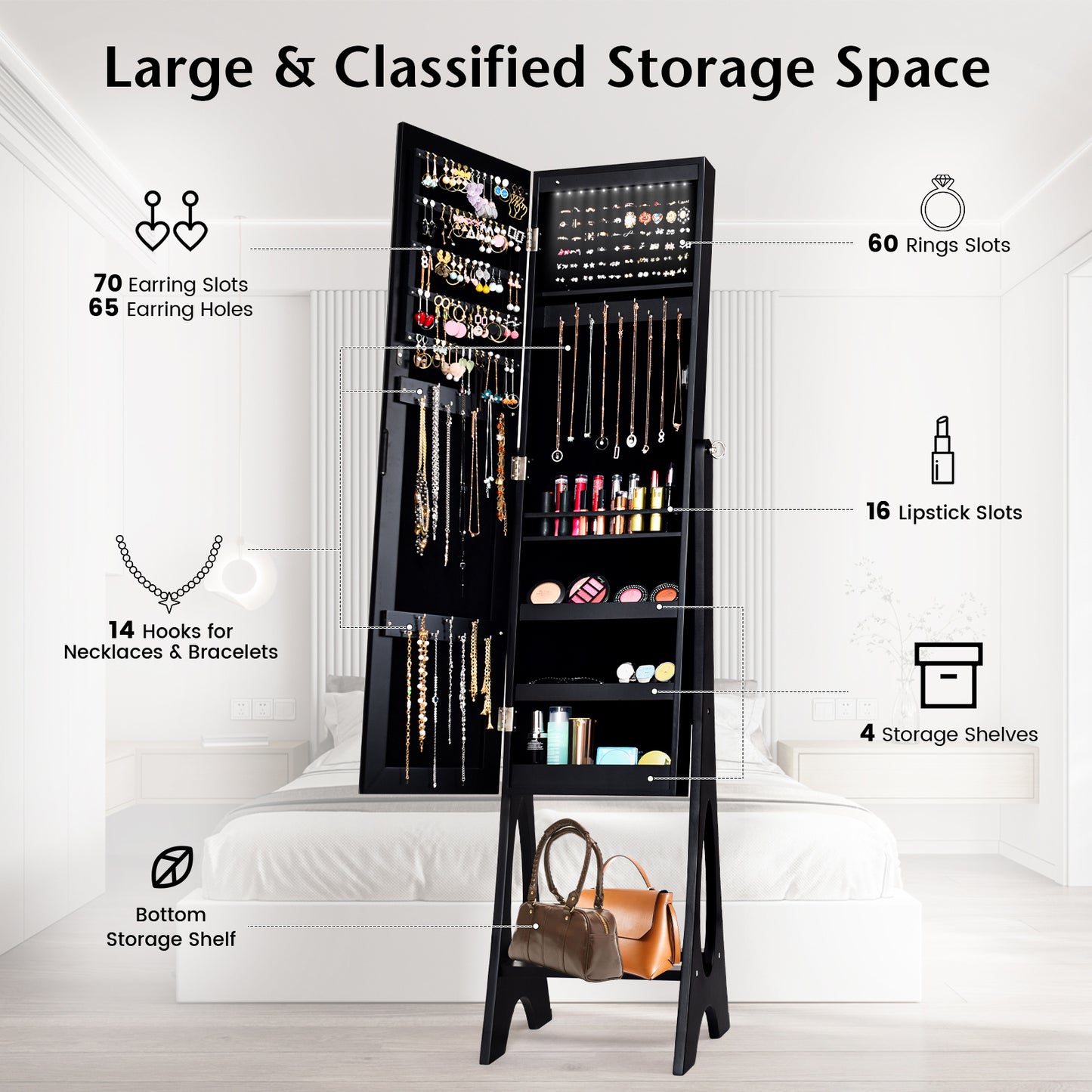 Standing Mirror Jewelry Armoire with Organizer Shelves and Black Finish