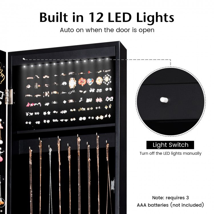 Standing Mirror Jewelry Armoire with Organizer Shelves and Black Finish