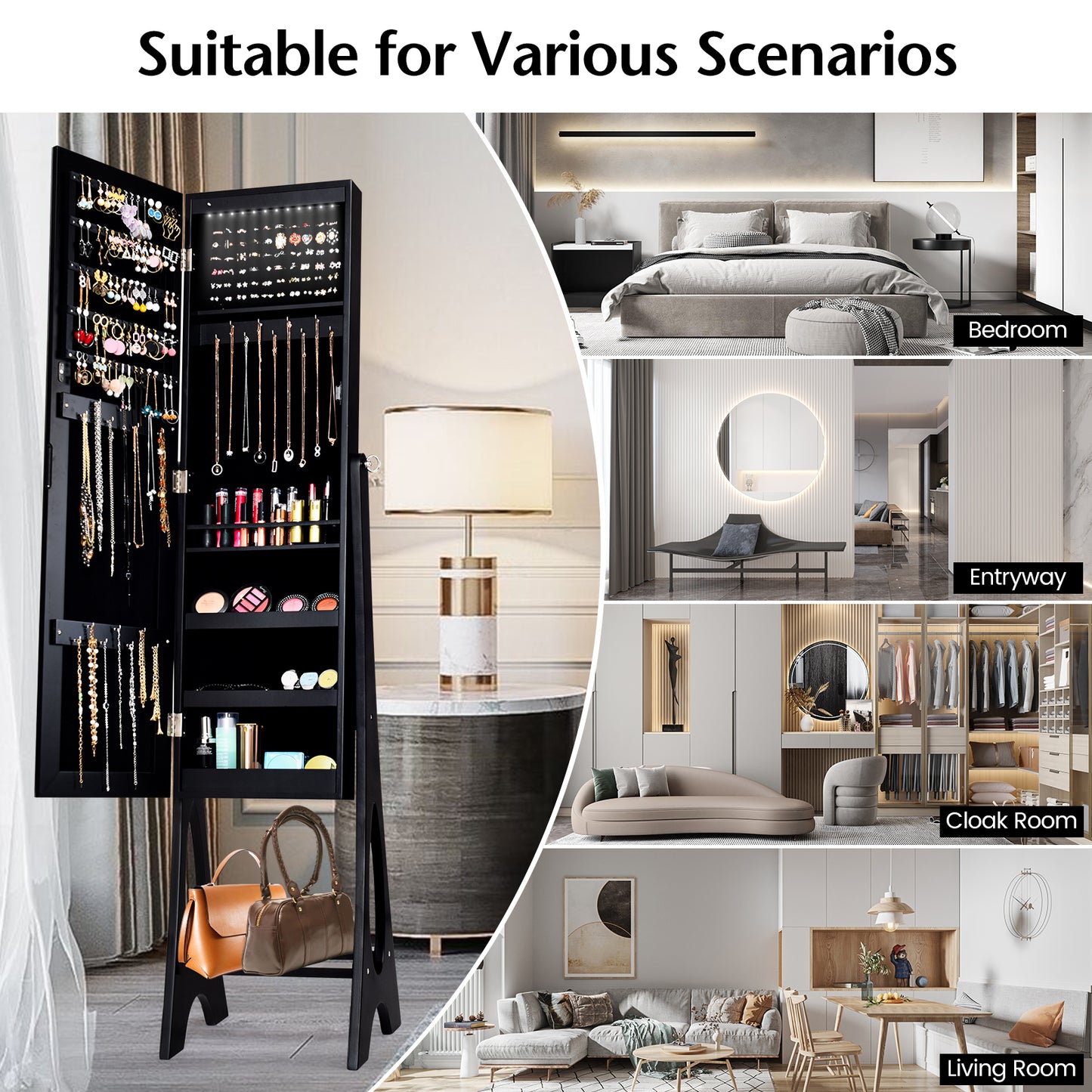 Standing Mirror Jewelry Armoire with Organizer Shelves and Black Finish