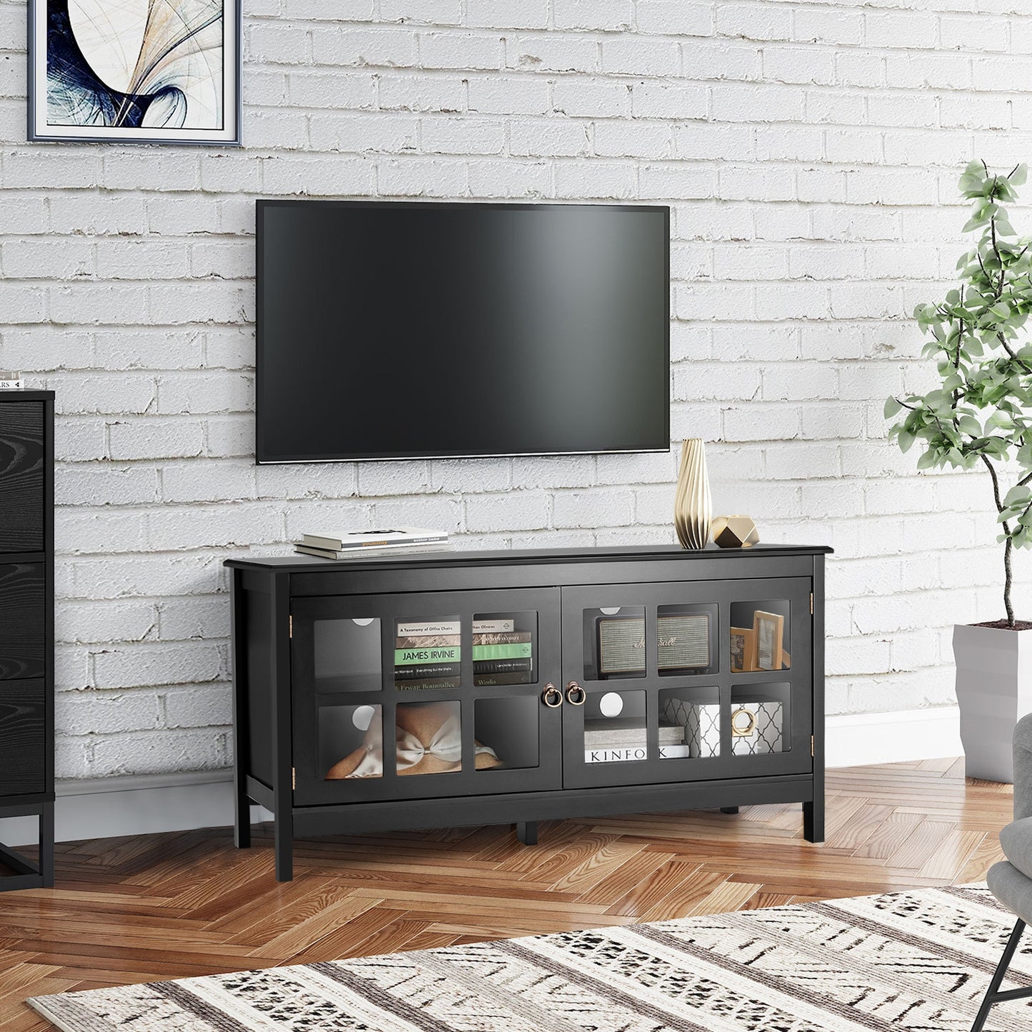 Wooden TV Stand with Cabinets and Open Shelves for TVs up to 50 Inches - Black