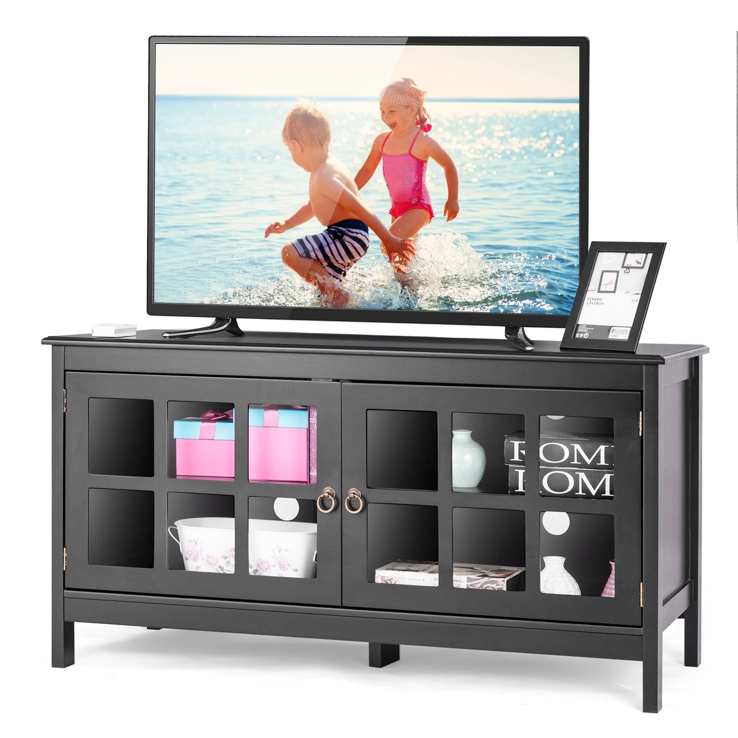 Wooden TV Stand with Cabinets and Open Shelves for TVs up to 50 Inches - Black