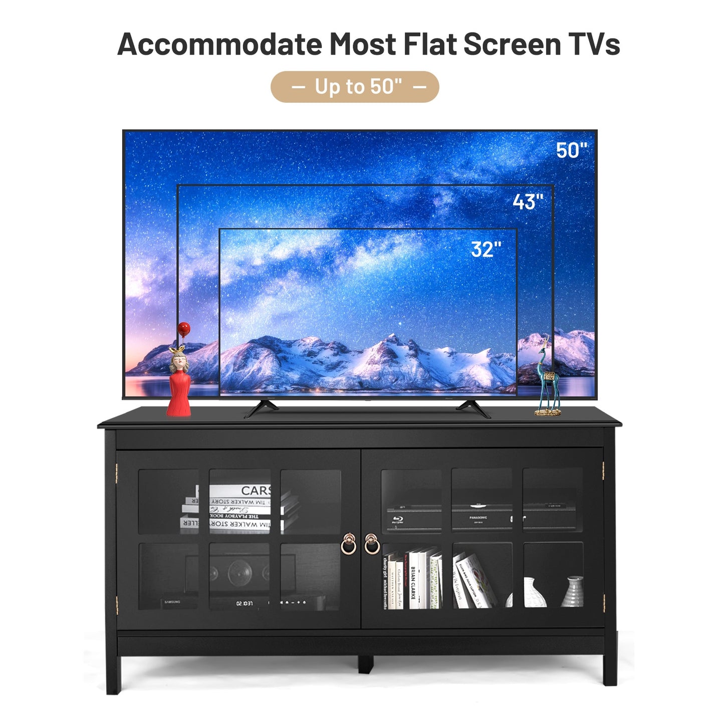 Wooden TV Stand with Cabinets and Open Shelves for TVs up to 50 Inches - Black