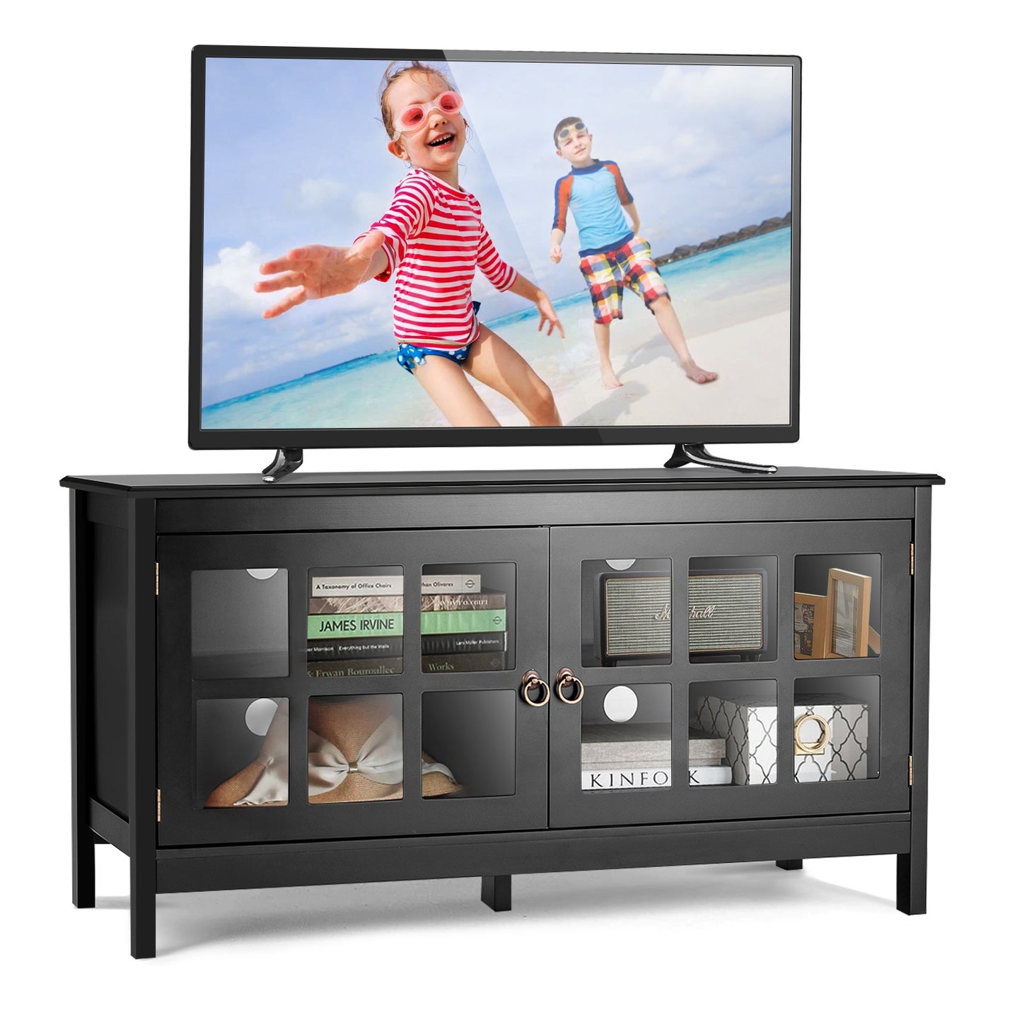 Wooden TV Stand with Cabinets and Open Shelves for TVs up to 50 Inches - Black