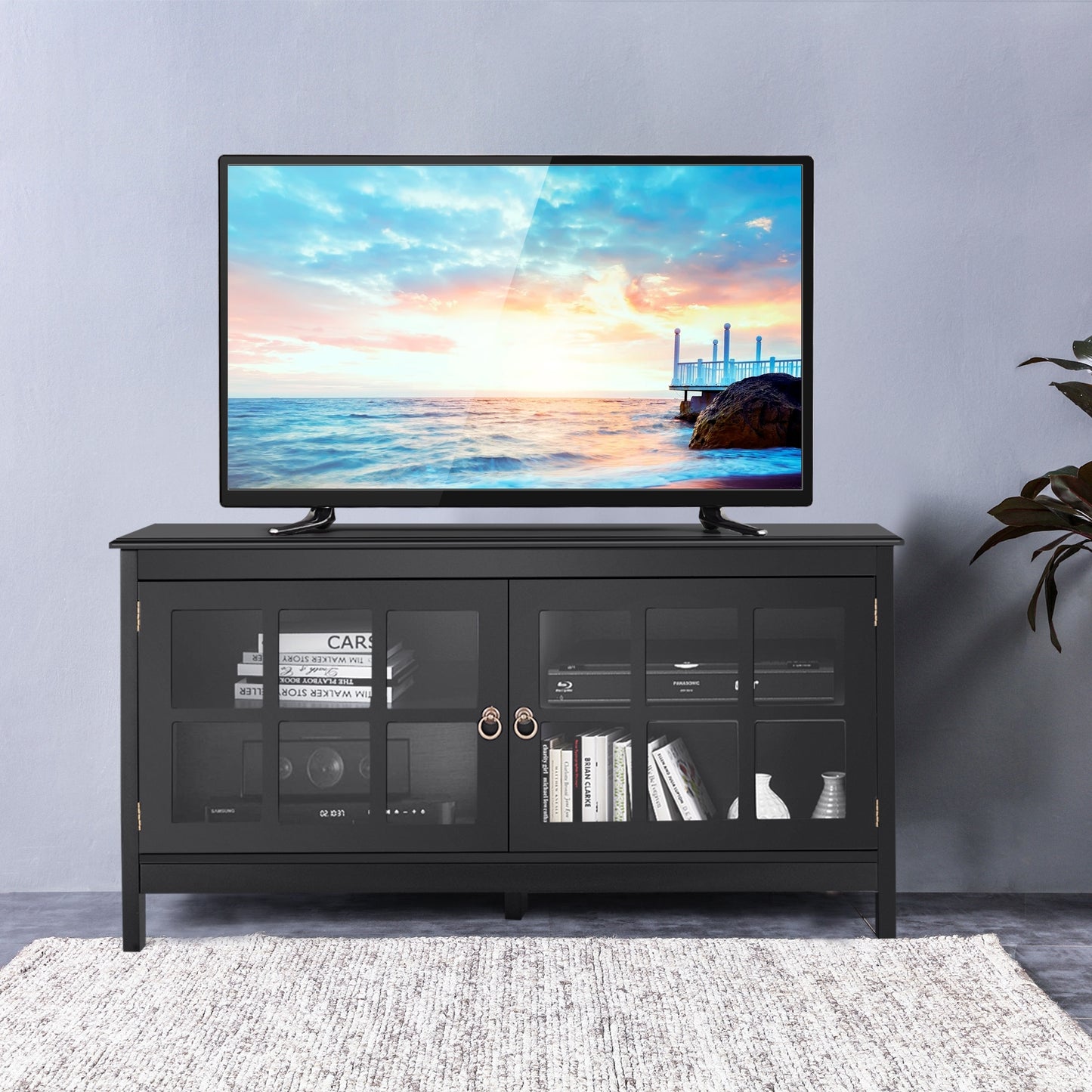 Wooden TV Stand with Cabinets and Open Shelves for TVs up to 50 Inches - Black