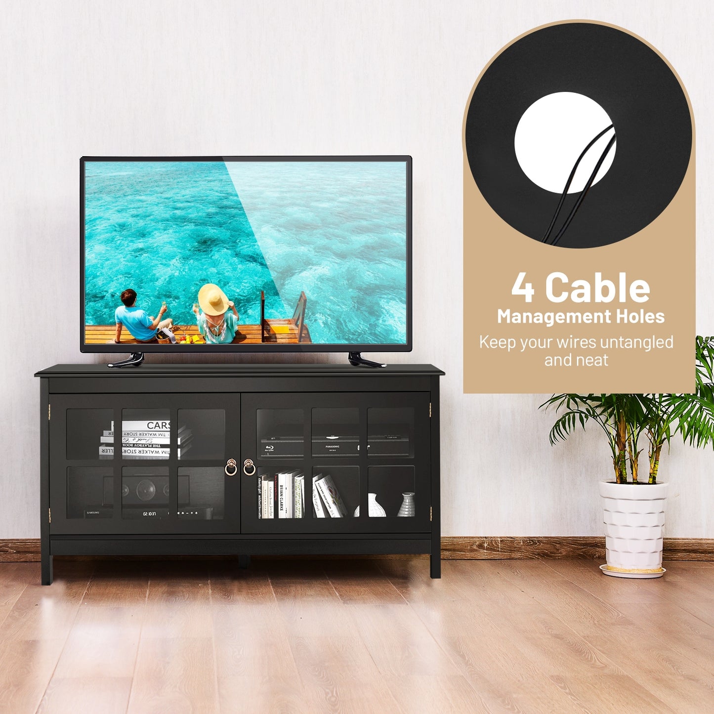 Wooden TV Stand with Cabinets and Open Shelves for TVs up to 50 Inches - Black