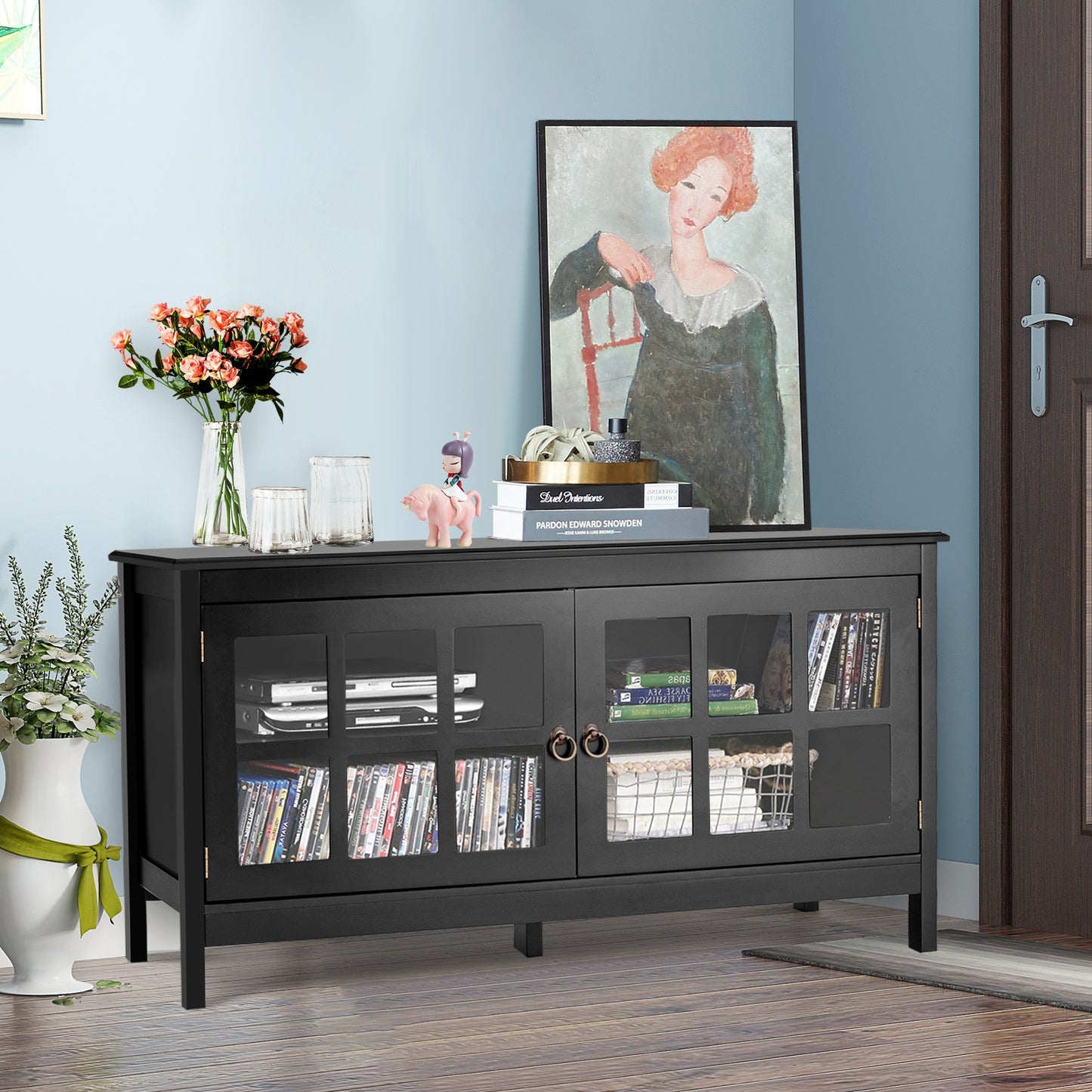 Wooden TV Stand with Cabinets and Open Shelves for TVs up to 50 Inches - Black
